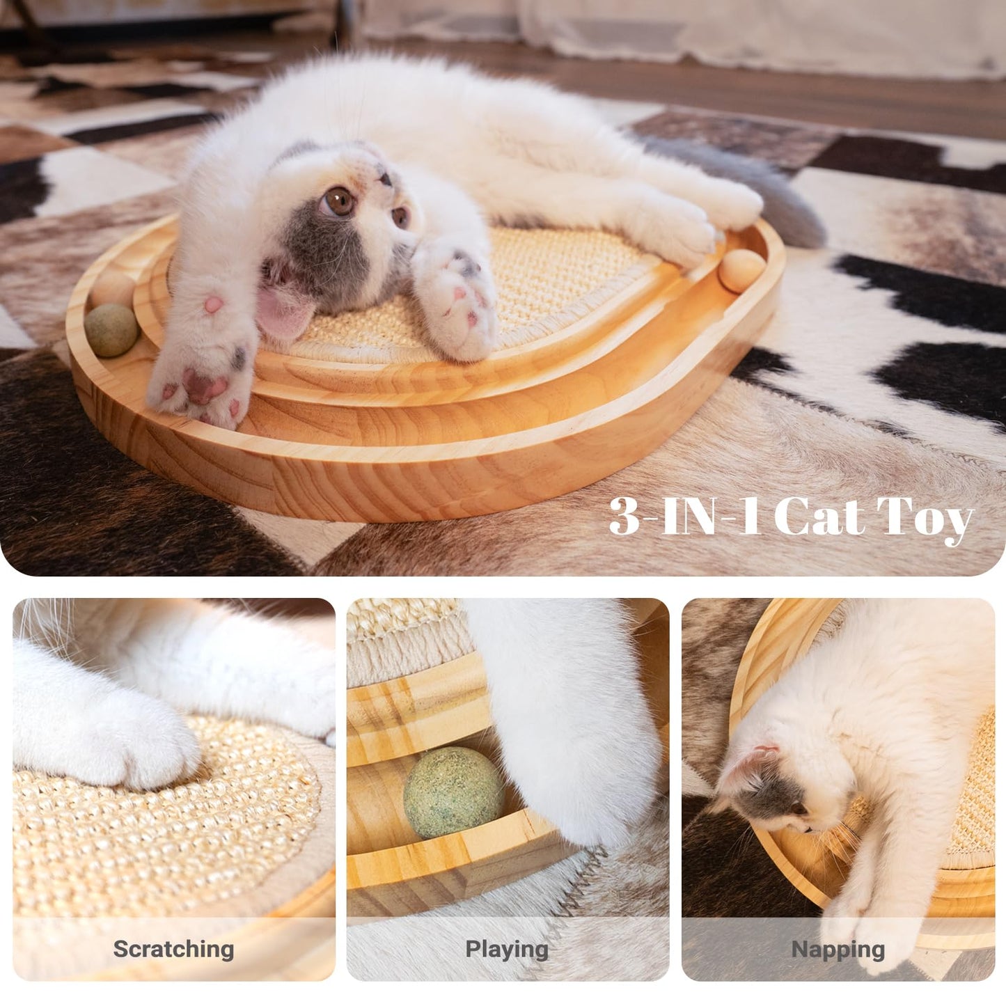 CHEERHOME PETS Sisal Cat Scratcher Toy with Ball Track Wooden Interactive Cat Toy for Indoor Cats Scratch Pad, Physical Exercise for Kitty and Medium Cat