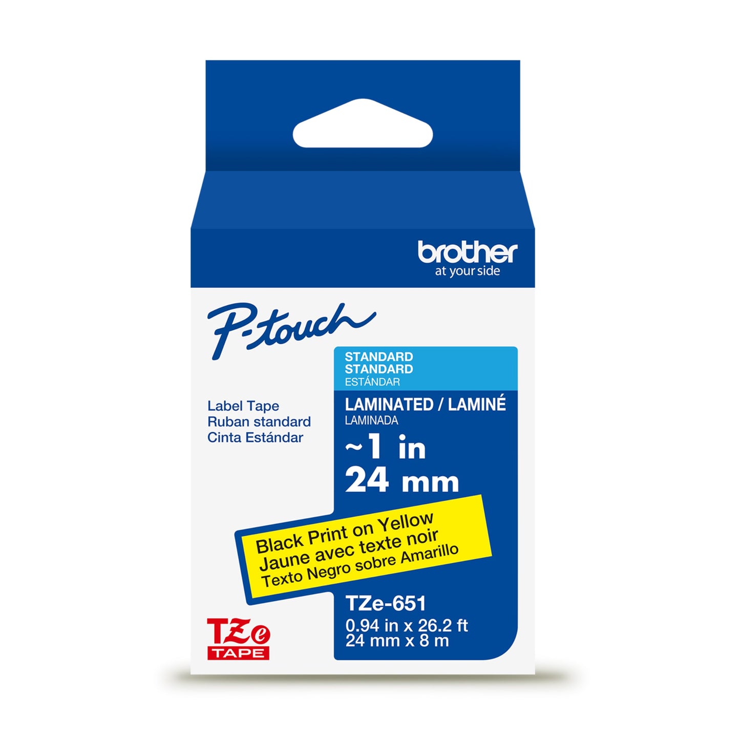 Brother Genuine TZe-651 Black on Yellow Laminated Tape for TZe-Compatible P-Touch Label Makers, 24 mm Wide x 8 m Long