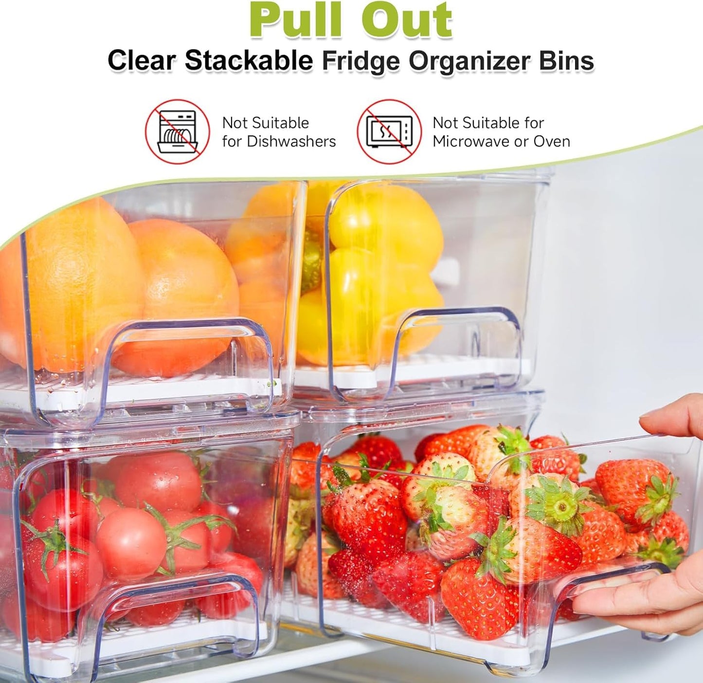 Brippo 4-Pack Refrigerator Drawer Organizer Bins, Clear Stackable Pull Out Fridge Organizers and Storage Container, Fridge Drawers with Strainer Layer for Fruits, Vegetables and Drinks