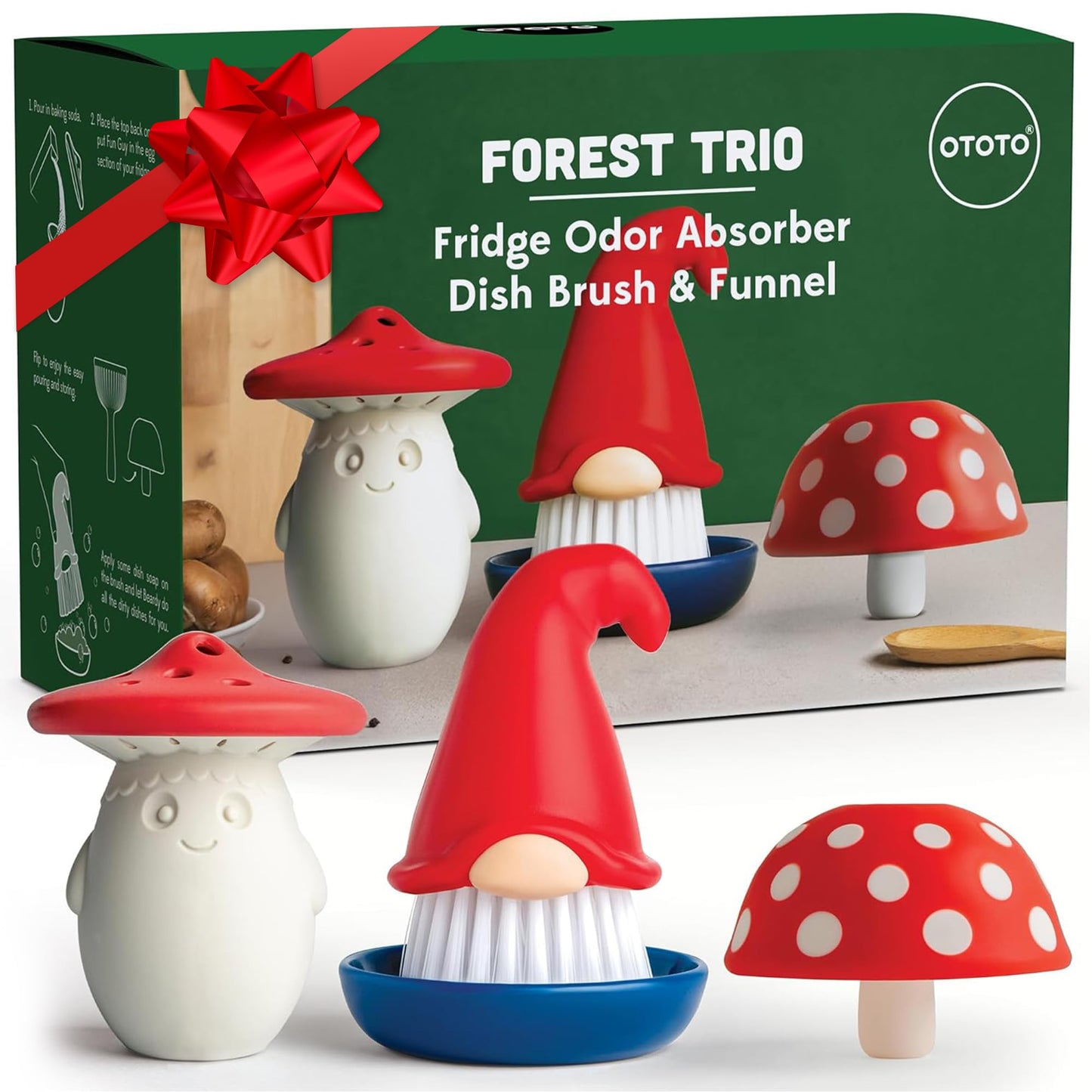 OTOTO Forest Trio Bundle of Beardy, Magic Mushroom, Fun Guy - Gnomes Dish Brush, Fungilicious Kitchen Funnel, Fridge Deodorizer, Mushroom Decor Cute Kitchen Accessories, Unique Mushroom Gnome Gifts