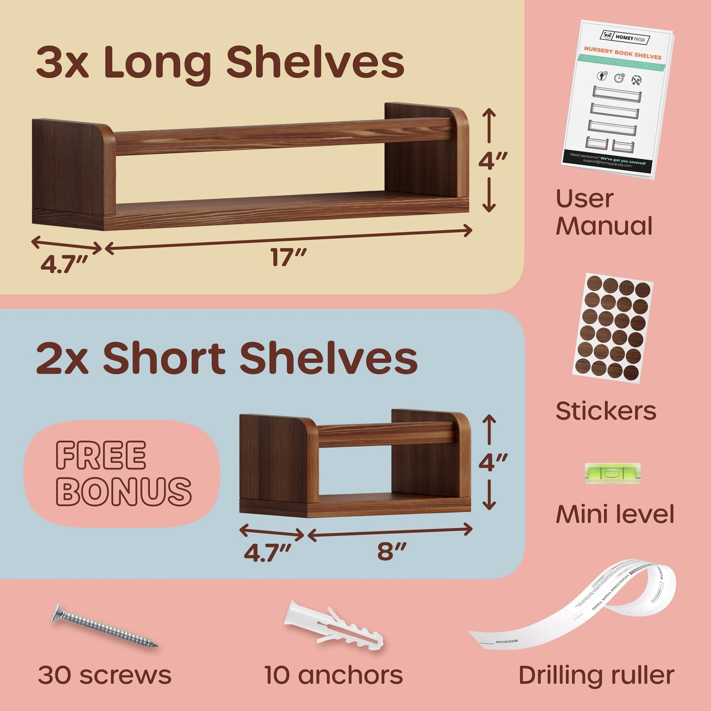 5-in-1 Floating Nursery Book Shelves for Wall (3 Long + 2 Mini) Solid Pine Wood Nursery Shelves, Wall Bookshelf for Kids Room, Toys & Books Display, Baby Shelf (Walnut)