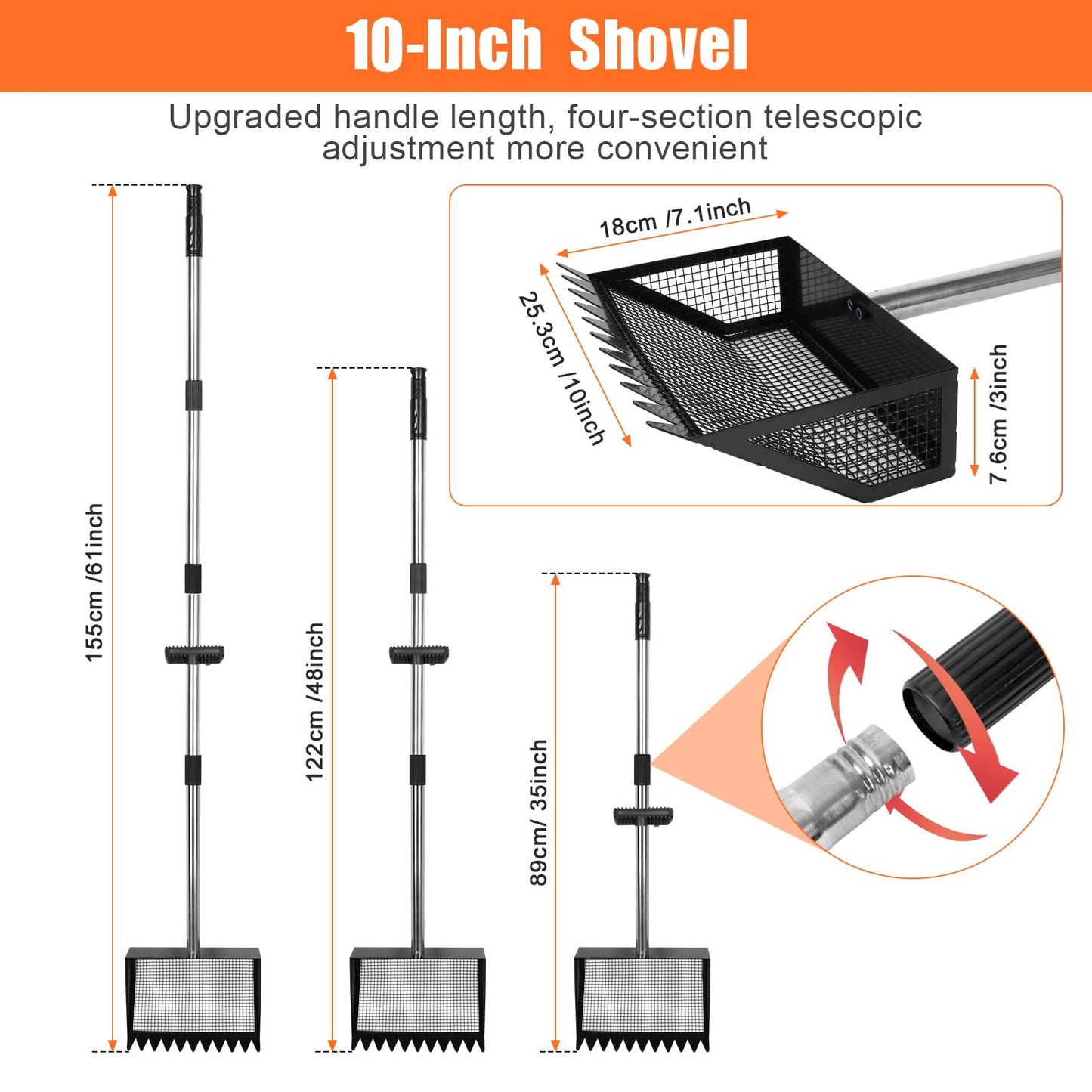 Chicken Poop Scooper and Rake with Ergonomic Handle, 2 in 1 Large Metal Chicken Coop Scoop for Poop with Adjustable Stainless Steel Pole, Sand Sifting Shovel for Chicken Coop Accessories