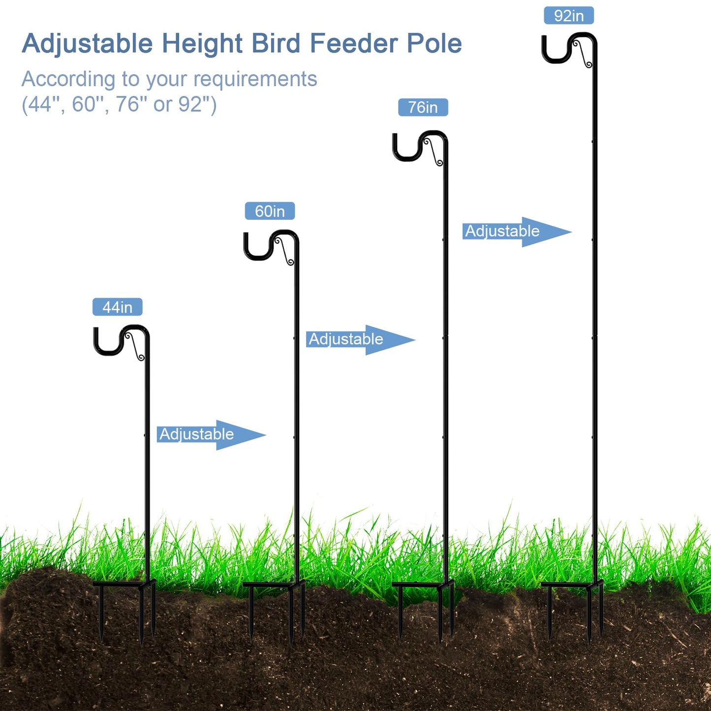 Shepards Hooks for Outdoor 2 Pack Bird Feeder Pole 92 Inch Tall Adjustable Heavy Duty Garden Plant Hangers with 3 Base Prongs for Hanging Plant Baskets, Solar Lights, Wedding Decor, Lanterns, Black