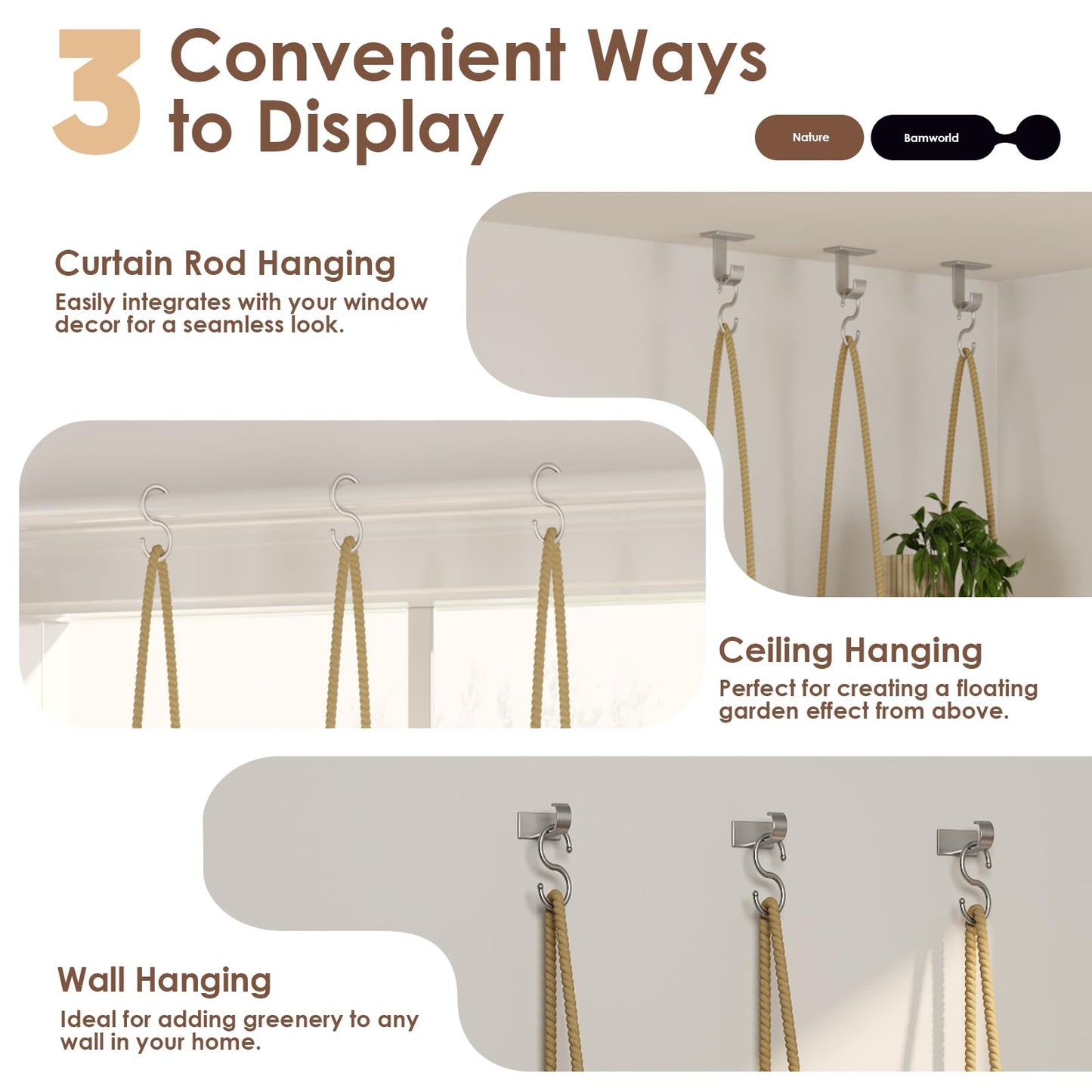 Bamworld Window Plant Shelves Hanging Shelves Window Plant Hanger Indoor Wood Plant Wall Shelf Window Sill Plant Shelf Indoor Hanging Plant Stand Living Room Decor Garden Boho Decor