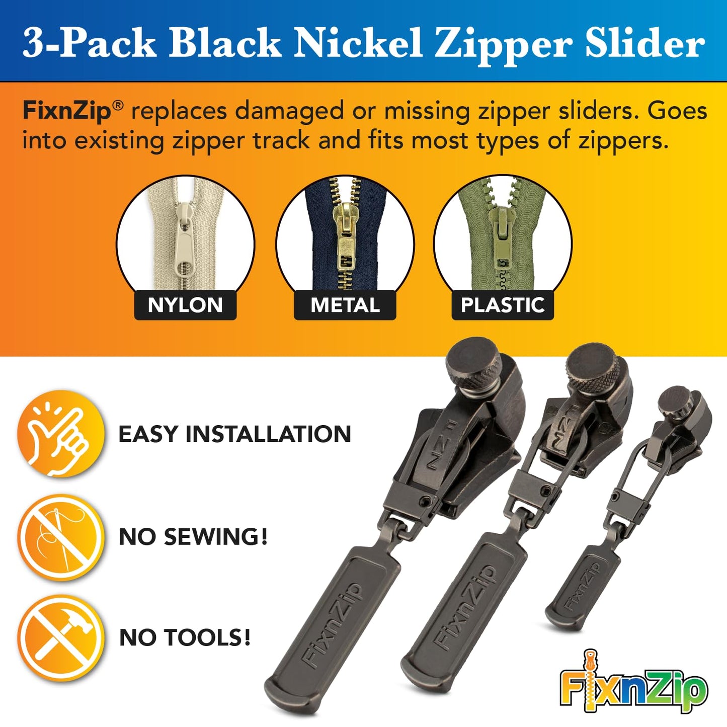 FixNZip Small, Medium, and Large Black Nickel Zipper Repair Kit Bundle | Universal No-Sew Slider Replacement for All Zipper Needs | Instant and Reusable Repair Tool | Sizes 1-10