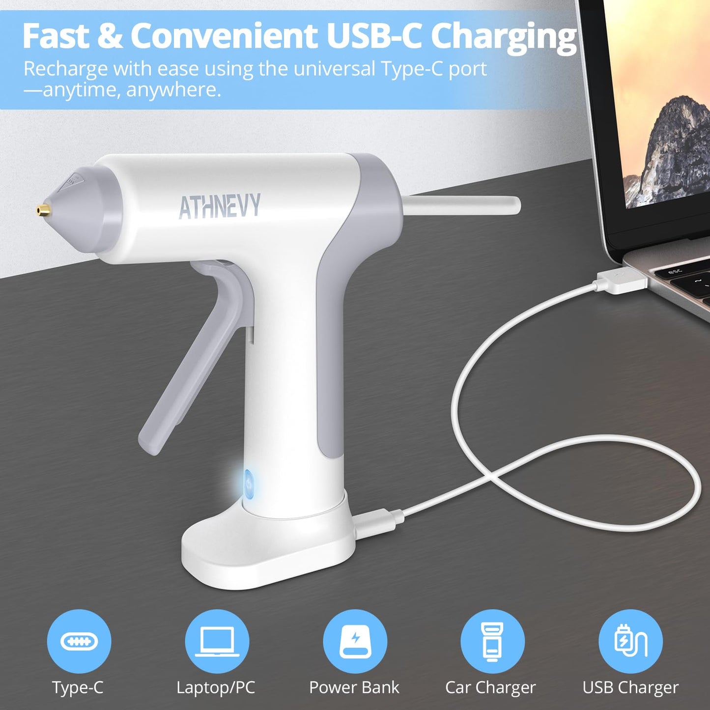 Cordless Hot Glue Gun, 4V 10s Fast Preheat, USB-C, 2000mAh Battery with Indicator, Smart Temp Control, Anti-Drip, Auto-Off, 30×7mm Glue Sticks, DIY Crafts, Home Repair, School Project (White)