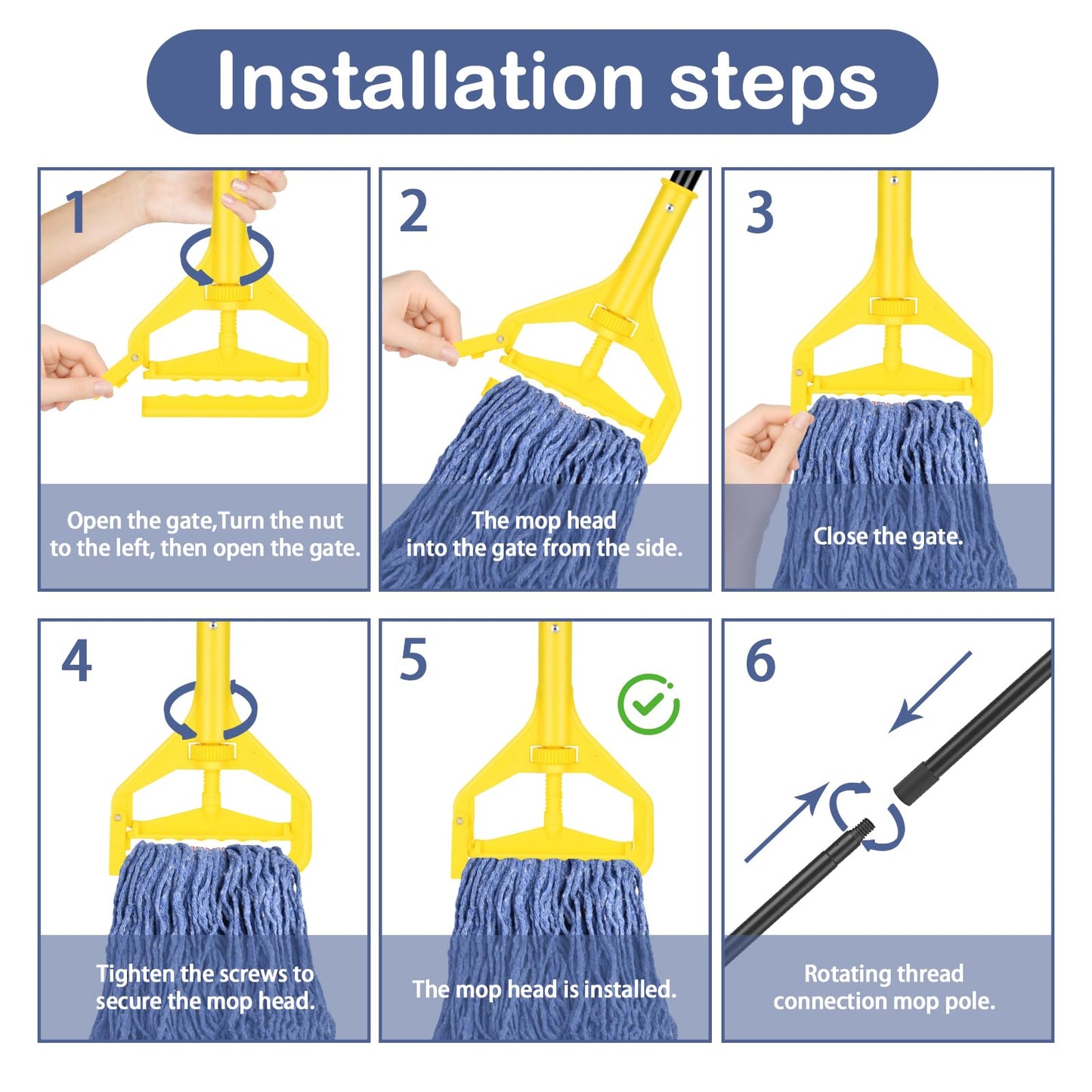 Primero Basics Loop-End Mop Head Replacement – 6 Pack, Blue, Heavy Duty Commercial and Industrial String Mop Refills, Fits Standard 1.25" Handles, Cotton Blend, Janitorial Floor Cleaning Supplies