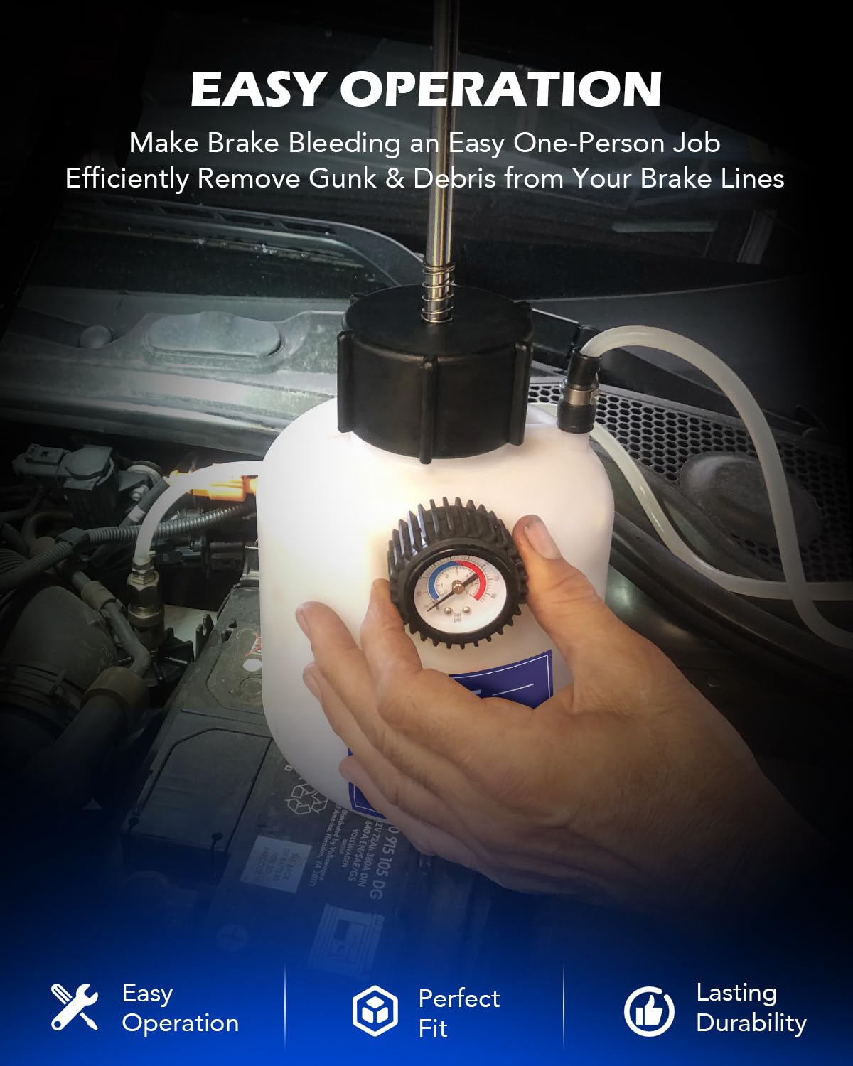 Orion Motor Tech Brake Bleeder Kit, One Person 2.5L Fluid Extractor, Hand Pump Master Cylinder Bleeder Kit with 2.6qt Bottle Gauge Hose Wrench European with 42mm Adapter for Ford VW Porsche BMW More