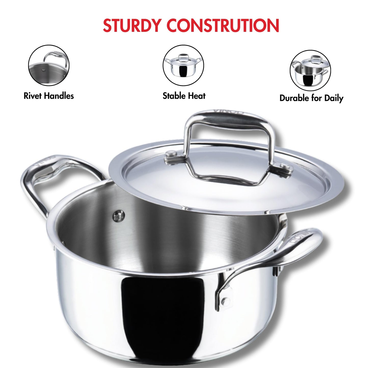 Vinod Platinum Triply Stainless Steel Stewpot with Lid, 7.2 Qt, 26 cm | Riveted Handles | Induction & Gas Stove Compatible | Deep Stockpot for stews, Curries, Soups & One-Pot Meals