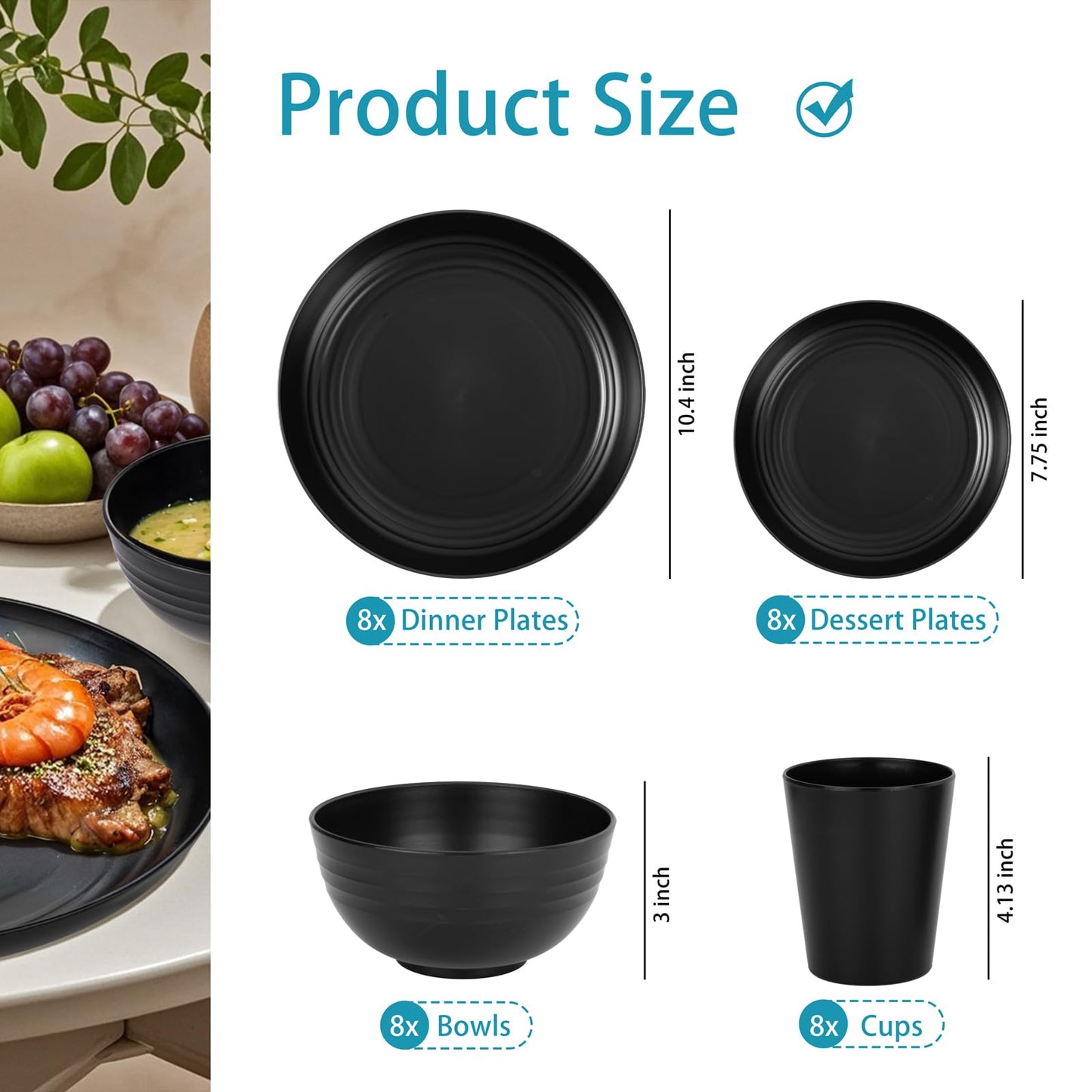 Supernal Wheat Straw Dinnerware Sets,Unbreakable Dinner Plates for 8, Dishwasher Safe,Reusable Dinnerware,Black Set 16pcs Plates, 8pcs Bowls, 8pcs Cups，Perfect for Party Birthday and Wedding