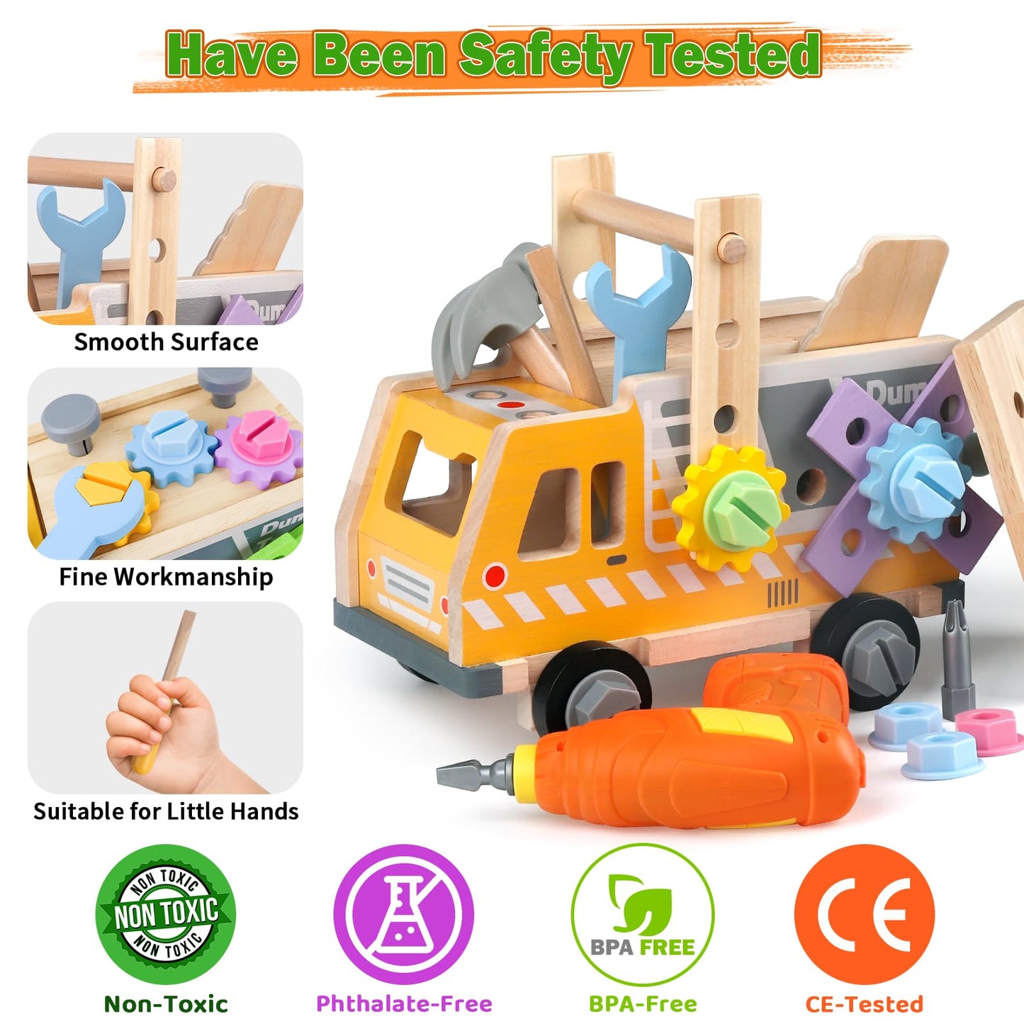 Aliex 38PCS Kids Wooden Truck Tool Set with Toy Drill for Toddlers Ages 3 4 5 6 ,Montessori STEM Educational Learning Construction Workbench Pretend Play Tool Kit,Birthday Sensory Gift for Boys Girls