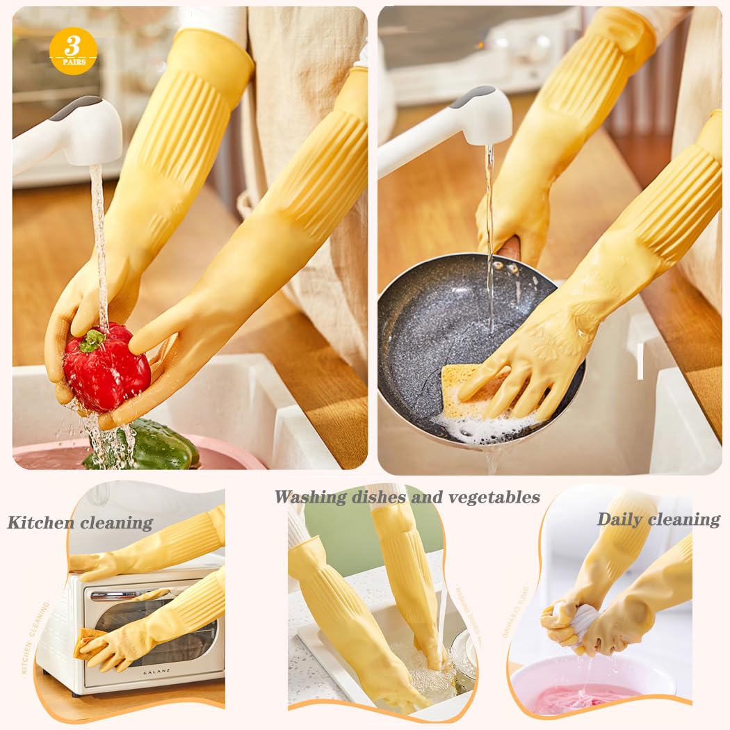 Vsootal 17.8" Rubber dishwashing gloves 3 or 6 Pairs for kitchen,Cleaning washing dish gloves long thickening for household reuseable.