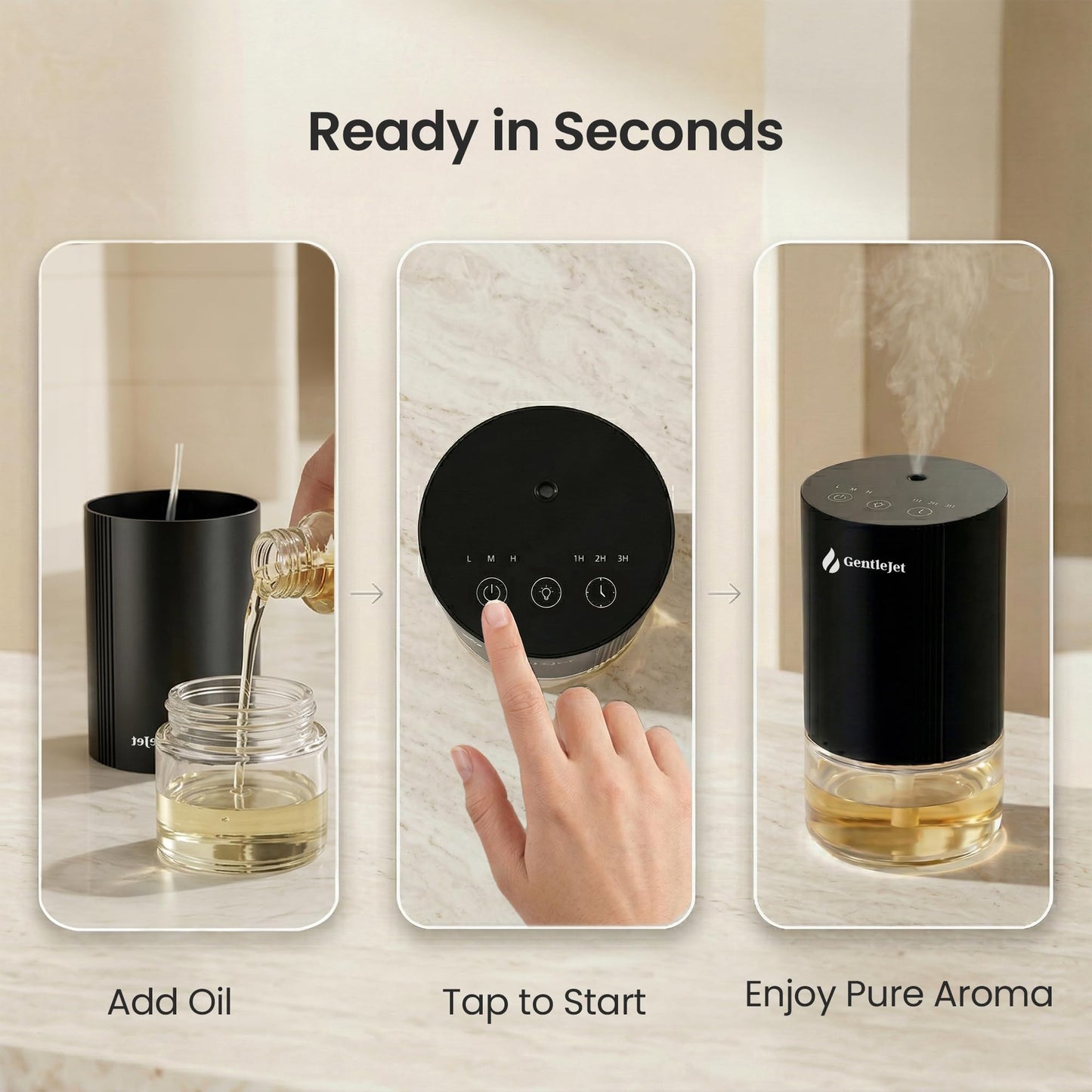 GentleJet SerenityMist Waterless Essential Oil Diffuser, Portable Aromatherapy Diffuser with Rechargeable Battery, Touch Control, Timer, USB-C, Quiet Mini Diffuser for Home, Office & Car (Black)