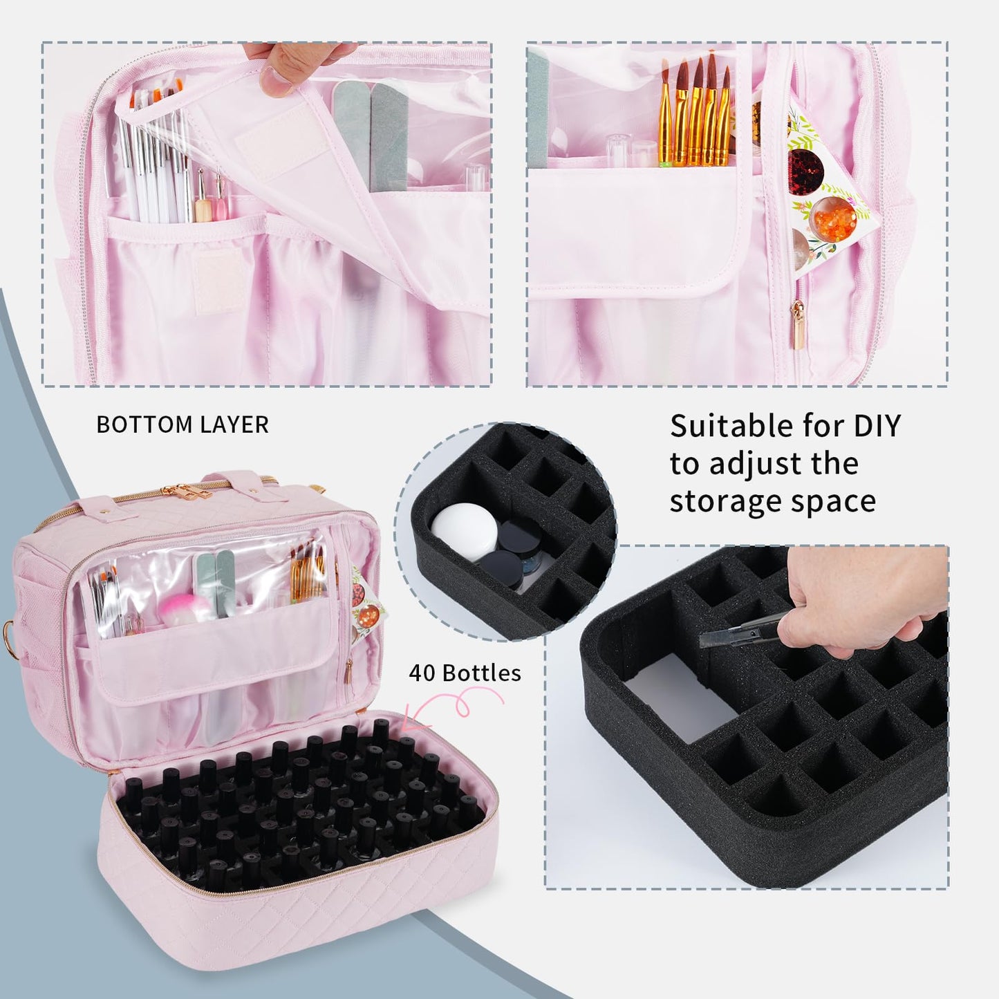 GR69N Nail Polish Organizer Case,Nail Storage Organizer Holds Nail Lamp & 50 Bottles Nail Polish,Travel Nail Tech Case,Nail Kit Organizer Bag Fits Nail Supplies & Manicure Tools,Pink (Patented)