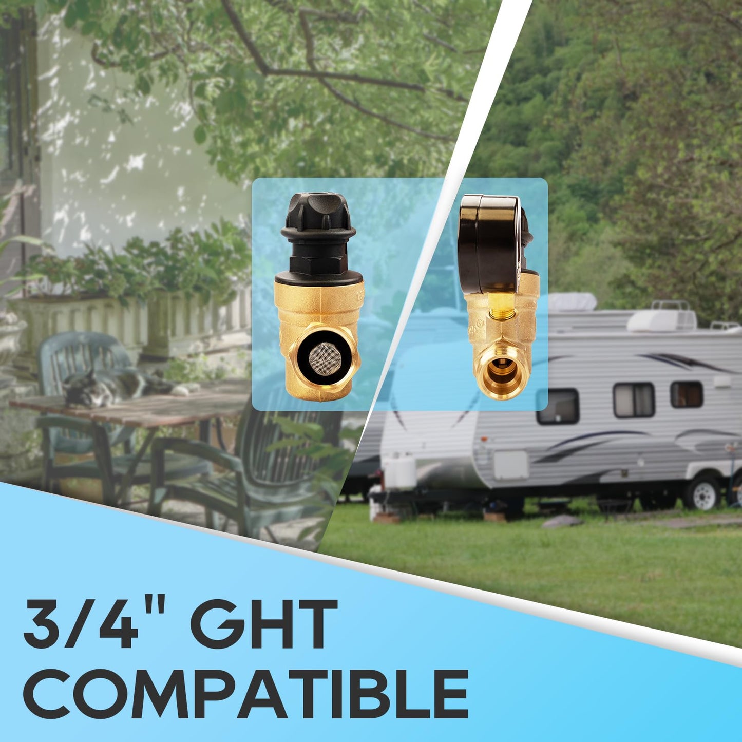 RVGUARD RV Water Pressure Regulator Valve With An Adjustable Knob, NO Tool Required, Brass Lead-Free Water Pressure Reducer with Gauge and Inlet Screen Filter for RV Camper Travel Trailer RGWPR-H