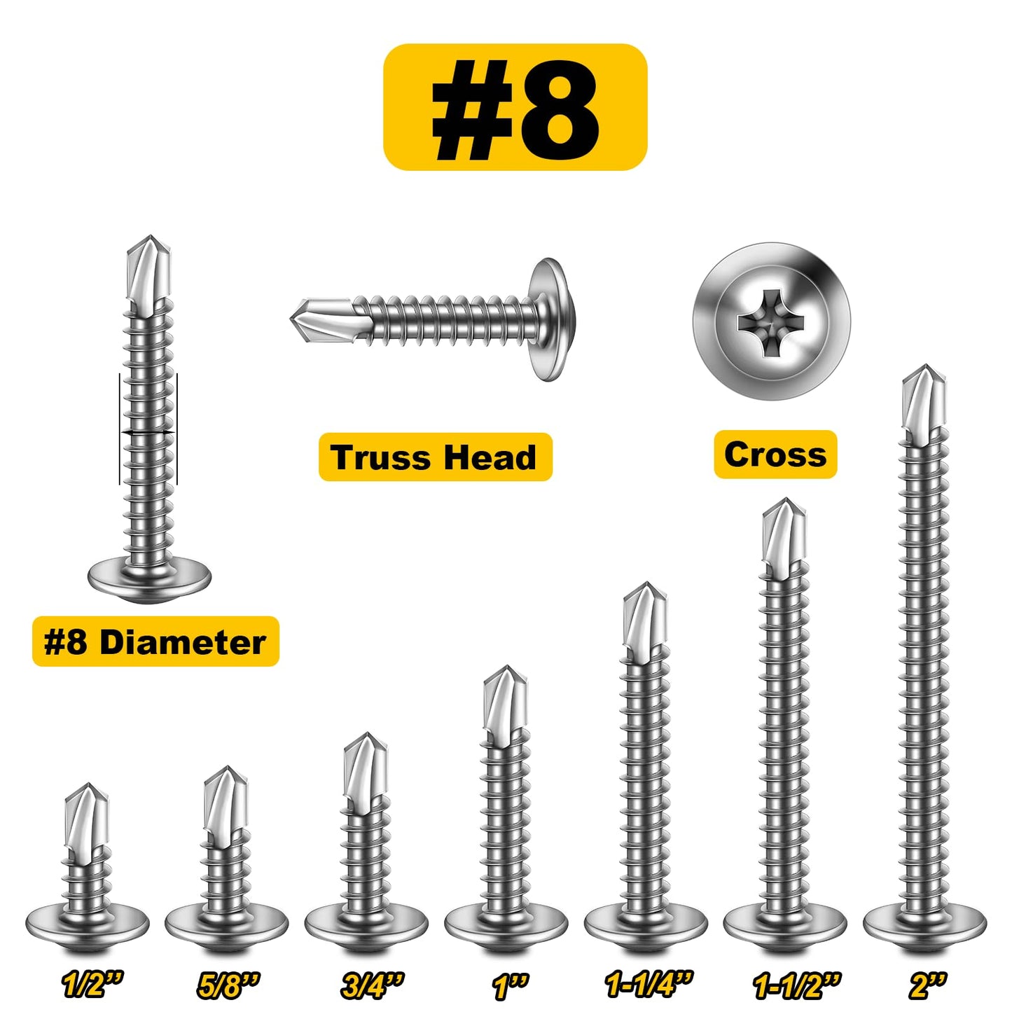 Mywish 650Pieces #8×1" Self Tapping Screws for Metal, Sheet Metal Screws 410 Stainless Steel Truss Head Self Drilling Screws High-Strength Quick Tapping Screws