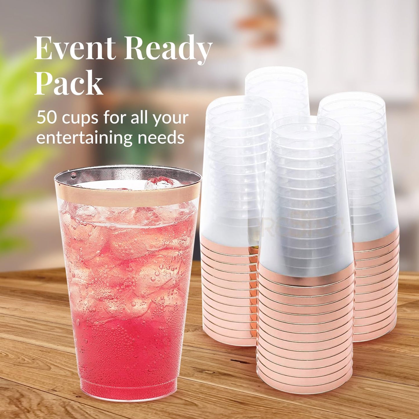 Rose Gold Plastic Cups - 14 oz, 50 Pack - Clear Disposable Party Tumblers with Rose Gold Rim - Elegant Wedding Drinkware - Bulk Plastic Cups