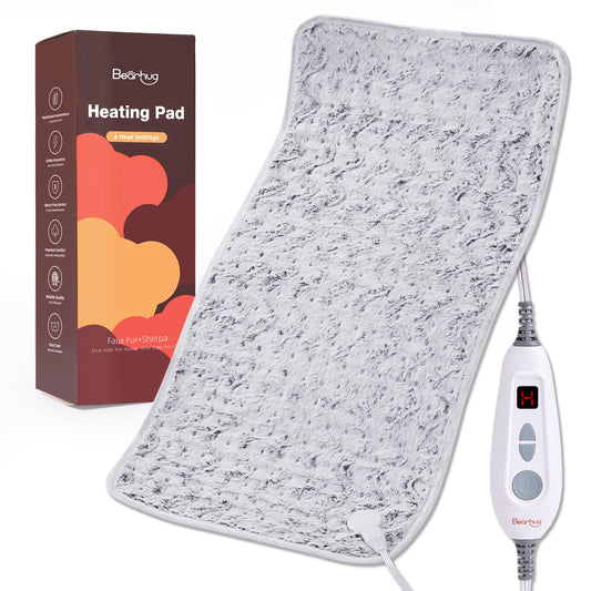 Bearhug XXL Electric Heated Pad 17''x33'' Double-Sided Faux Fur Heating Pad, 6 Heat Levels, 2-Hour Auto-Off, Moist & Dry Heat Therapy for Back Pain Relief, Machine Washable, ETL Certified - Gift Box
