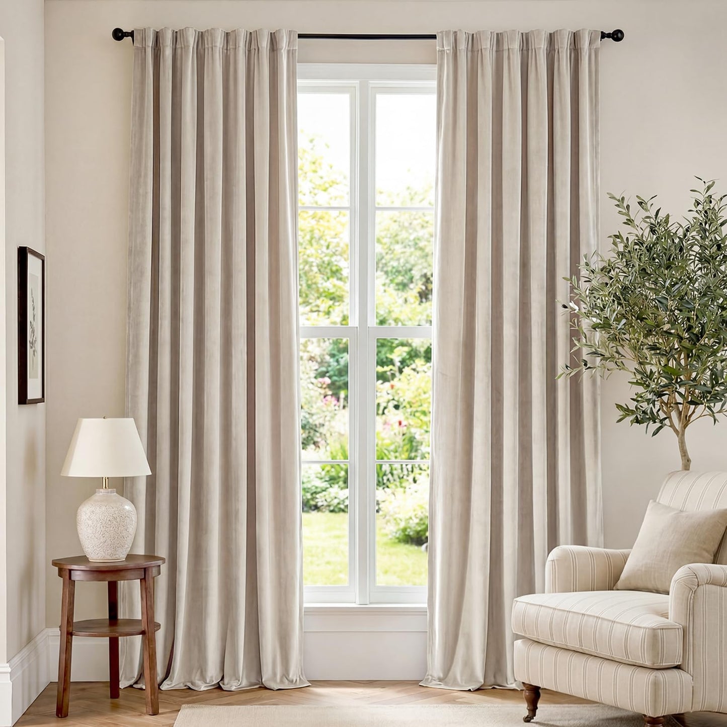 Lazzzy Beige Velvet Curtains 96 Inches Long Thermal Insulated Drapes for Living Room Bedroom Window Treatments Light Reducing Super Soft Luxury Rod Pocket 2 Panels Beige
