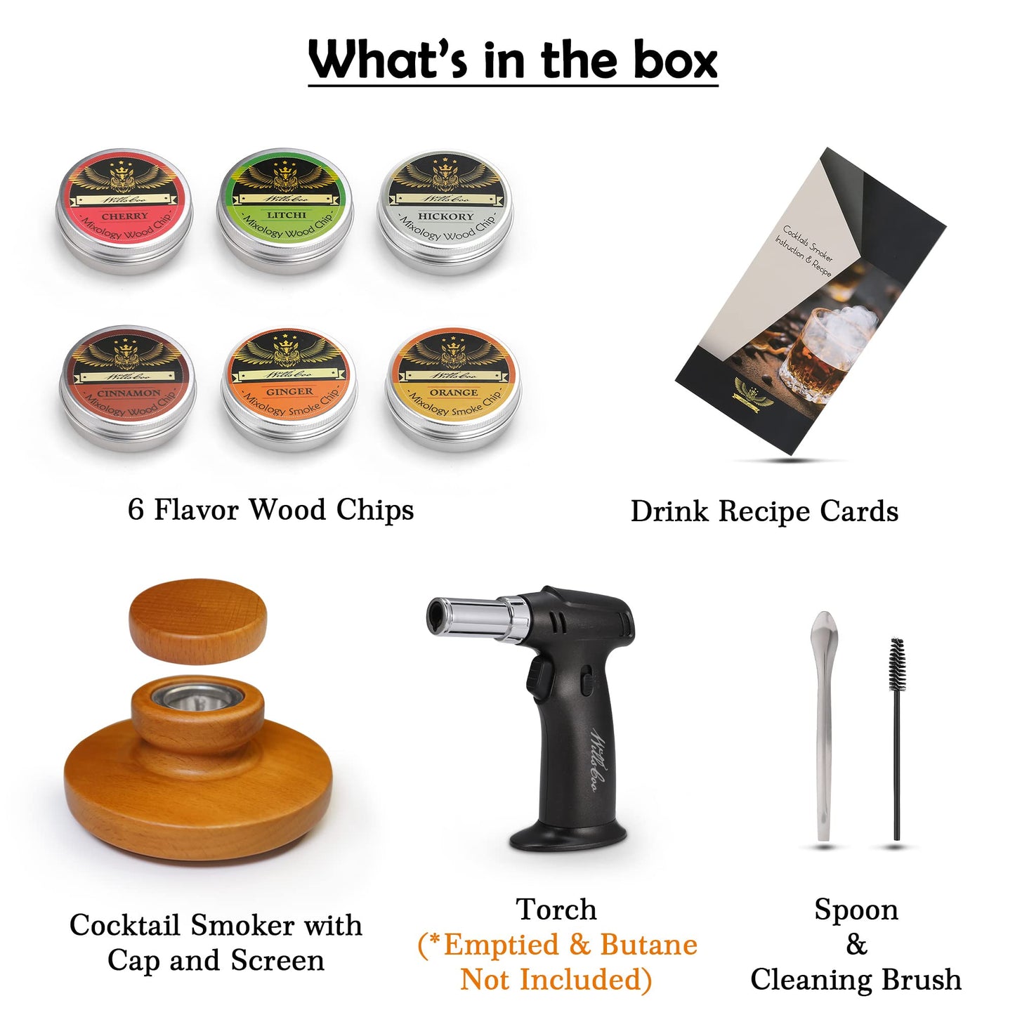 WillsCoo Cocktail Smoker Kit – Premium Handcrafted Wood Whiskey & Cocktail Smoker with Torch & 6 Natural Flavor, Gift-Ready Home Bar Set for Old Fashioned, Bourbon, Spirits & Mixology, Gift for Men