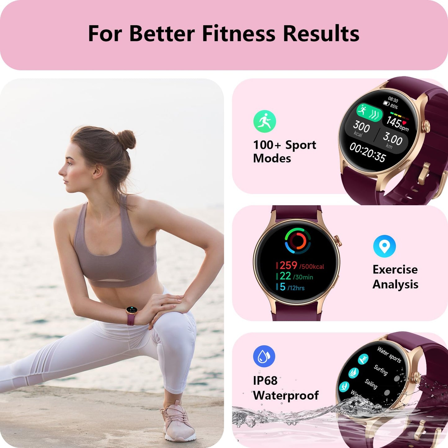 aeac Smart Watch for Women, AMOLED Ultra-Clear Screen Activity Trackers with Heart Rate/Sleep/SpO2 Monitor, Waterproof Fitness Smartwatch for iPhone/Samsung/Android（Deep Purple）