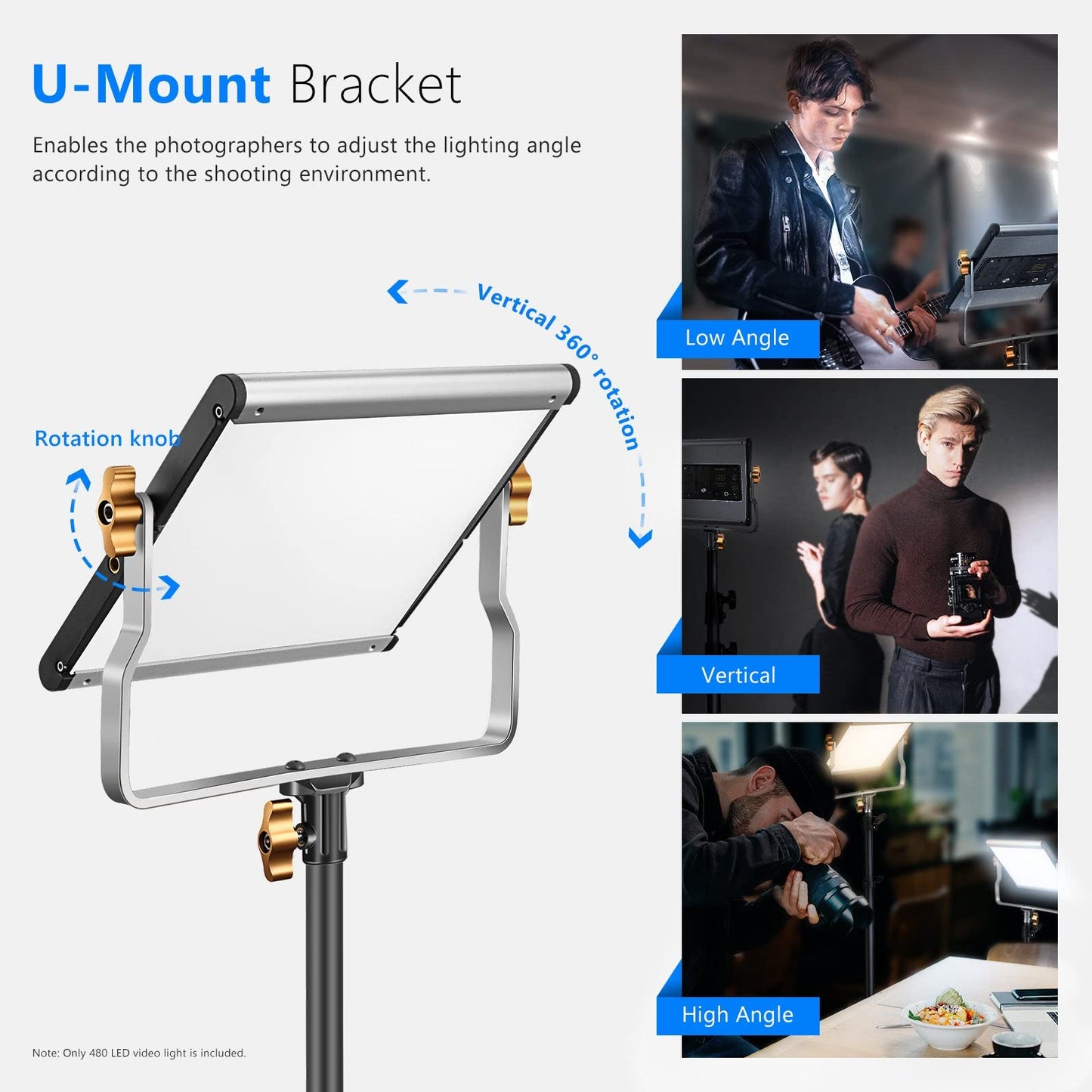 Neewer Dimmable Bi-Color LED with U Bracket Professional Video Light for Studio, YouTube Outdoor Video Photography Lighting Kit, Durable Metal Frame, 480 LED Beads, 3200-5600K, CRI 96+