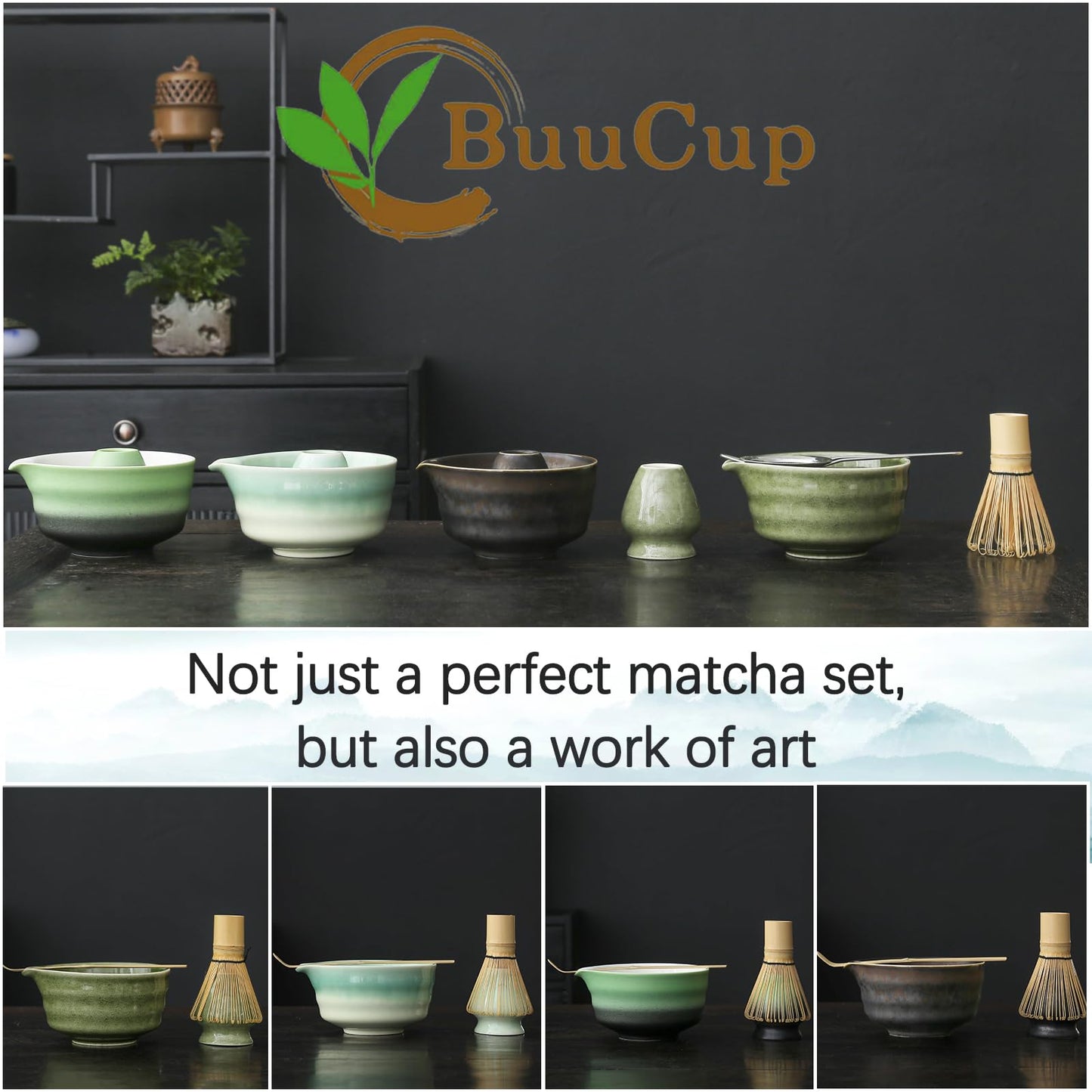 Buucup Matcha Whisk Set, Matcha Bowl with Spout, Matcha Whisk and Holder, Bamboo Matcha Scoop and Stainless Sifter - 5 Pcs Jade Green Matcha Kit for Matcha Lover