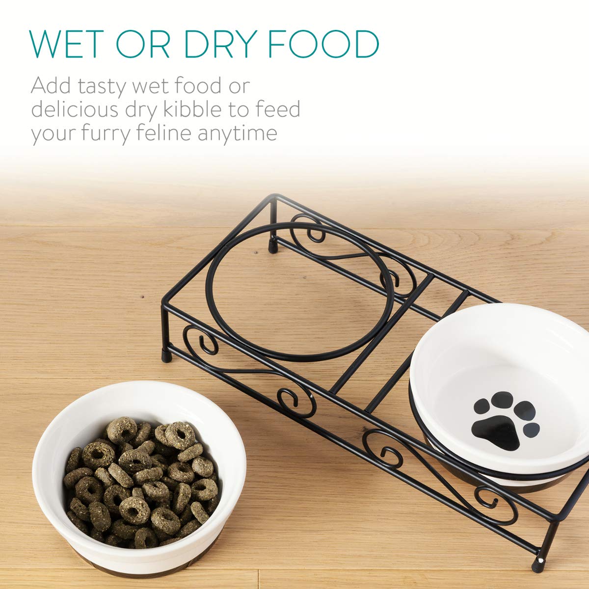 Navaris Ceramic Pet Bowl Set - Food Water Bowls for Cats, Small Dogs and Puppies with Non-Slip Retro Metal Stand - Set of Bowls, 10.8 oz Each