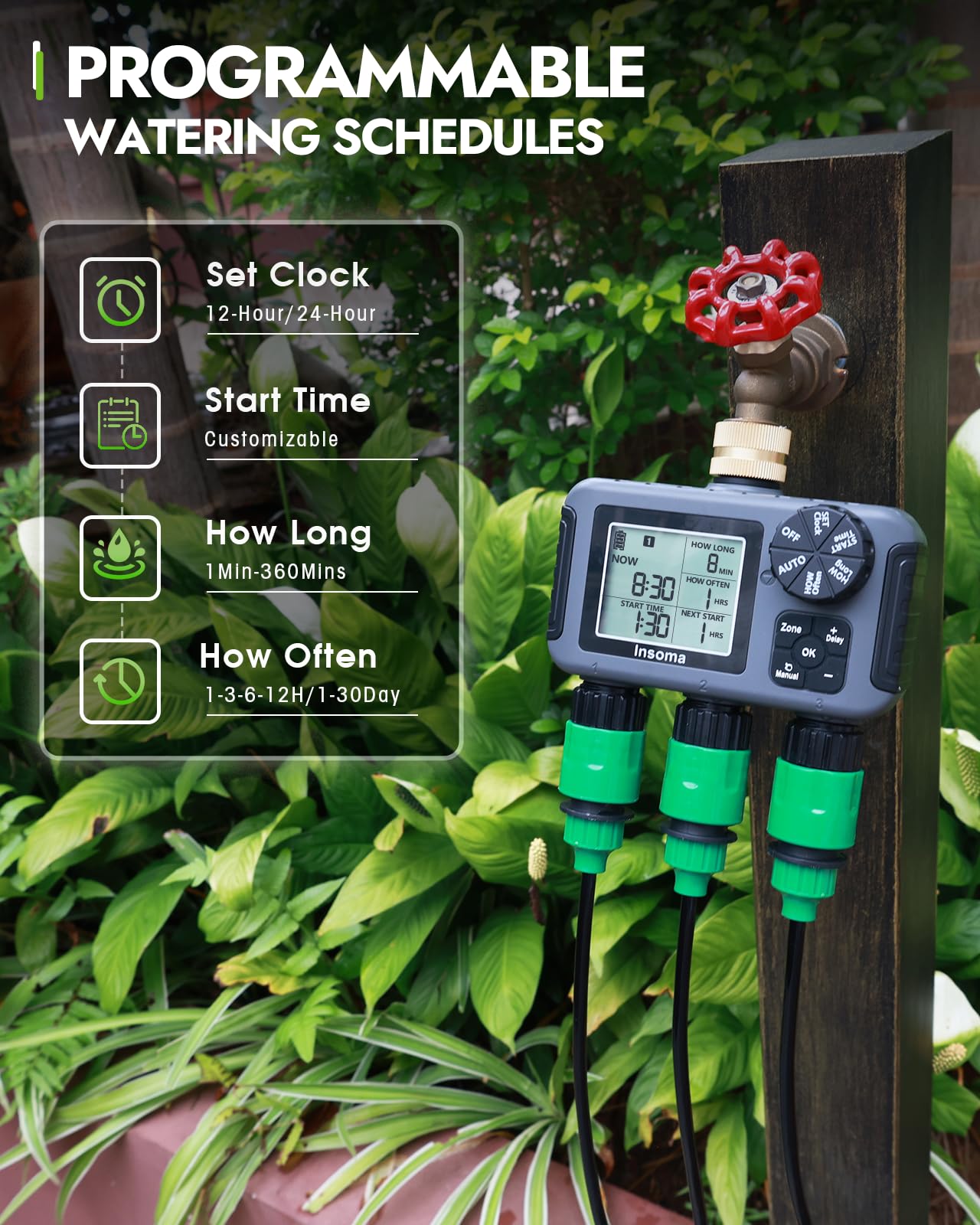 Insoma 3-Zone Water Timer Brass Inlet, Outdoor Sprinkler Timer + Waterproof IPX5, Programmable Automatic/Manual Watering, Rain Delay & Large Display, Suitable for Garden, Lawn, Yard Water Hoses