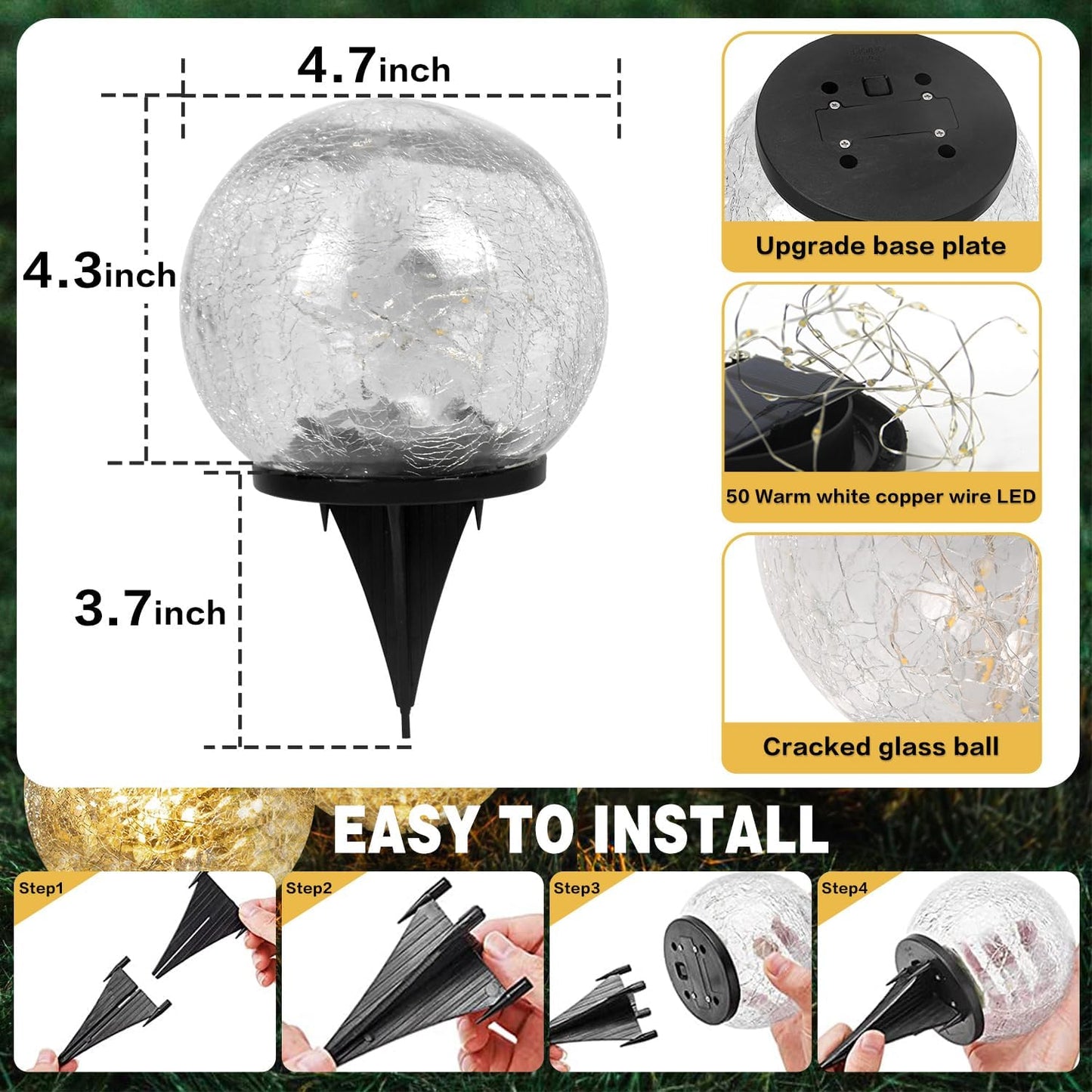 SyouHome Solar Garden Lights Outdoor Waterproof, 4 Pack 50 LEDs Cracked Glass Ball Light, Ground Landscape Garden Decor, Solar Globe Decorative for Pathway/Patio/Lawn/Yard (Warm White, 4.7")