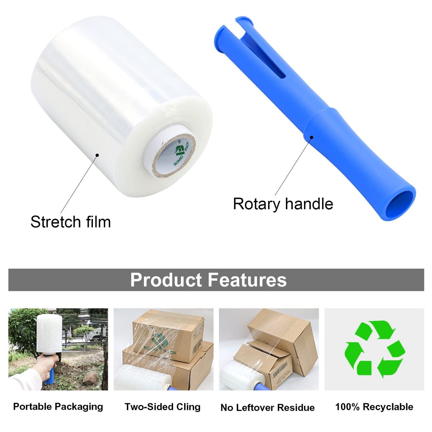 BOMEI PACK Stretch Wrap Film Roll, Plastic Shrink Wrap for Moving 5 inch x 1000 ft, 6 Packs with 2 Plastic Handle