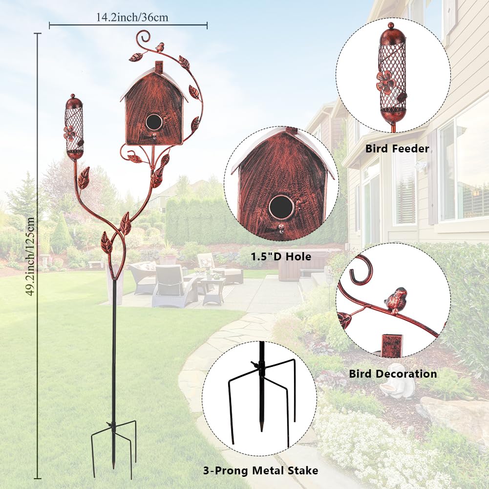 OUTSTAUES Metal Bird Houses for Outside with Pole, Squirrel-Proof Outdoor Bird House with Feeder for Patio Yard Garden Decorations, Copper
