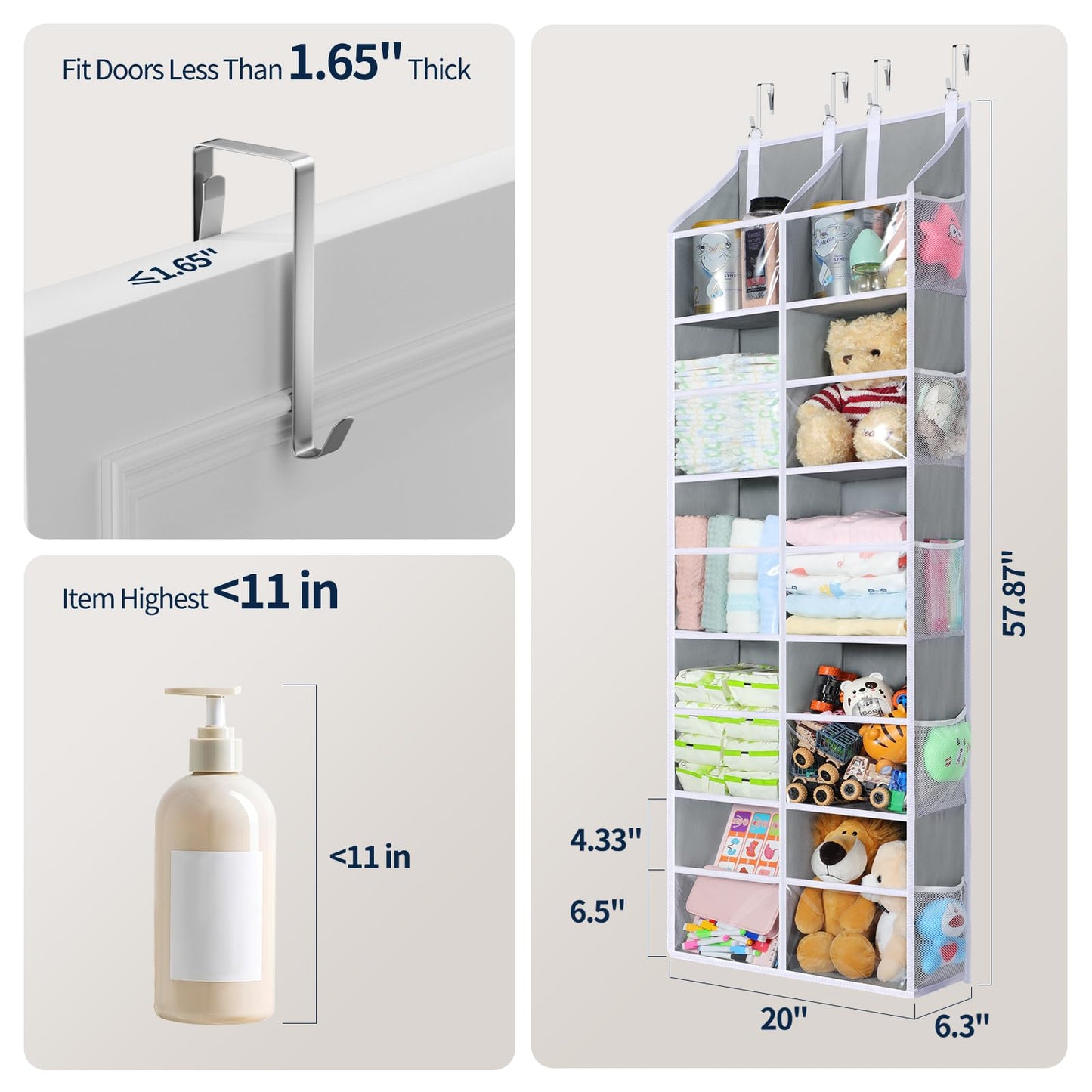Yecaye Over The Door Organizer 5 Tier, 80lb Capacity Extra Large Behind Door Storage of 10 Clear Window, Heavy Duty Door Hanging Organizer for Closet Bedroom Bathroom Diaper Nursery, Double, Gray
