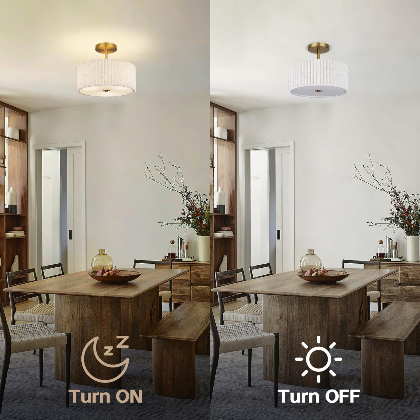 Mid Century Modern Semi Flush Mount Ceiling Light with Pleated Fabric Shade, 12.5 in Drum Gold Light Fixture with Lights, Beige White Linen Lamp for Bedroom, Living Room, Dining Room, Hallway