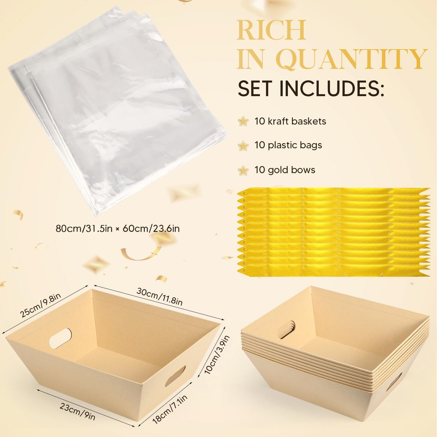 10 Pack Basket for Gifts Empty, 11.8" x 9.8" Extra Large Gift Basket Sturdy Kraft Market Tray With Handles Gift Baskets Empty to Fill for Birthday, Wedding, Baby Shower, Christmas, Valentines Day