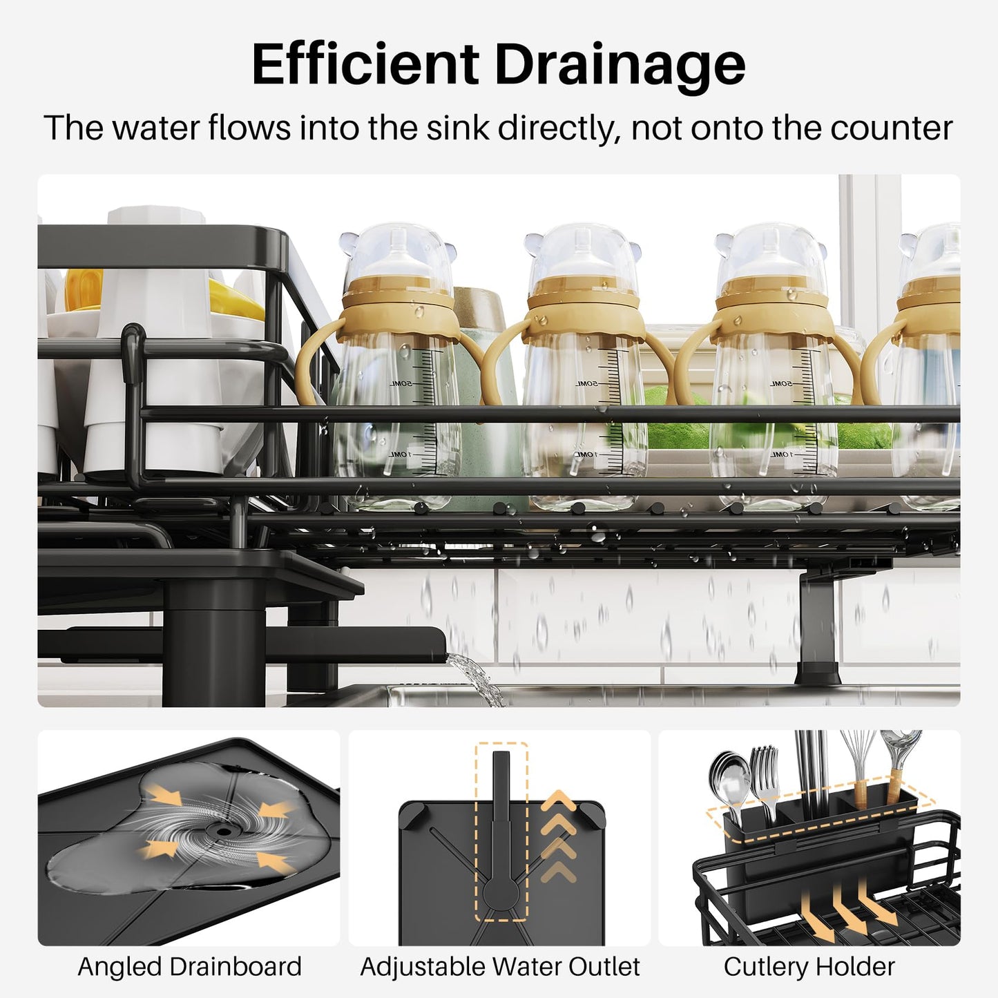 Dish Rack - Extendable Dish Rack, Large Sink Drying Rack for Countertop, Stainless Steel Dish Strainer with Utensil Holder (Black)
