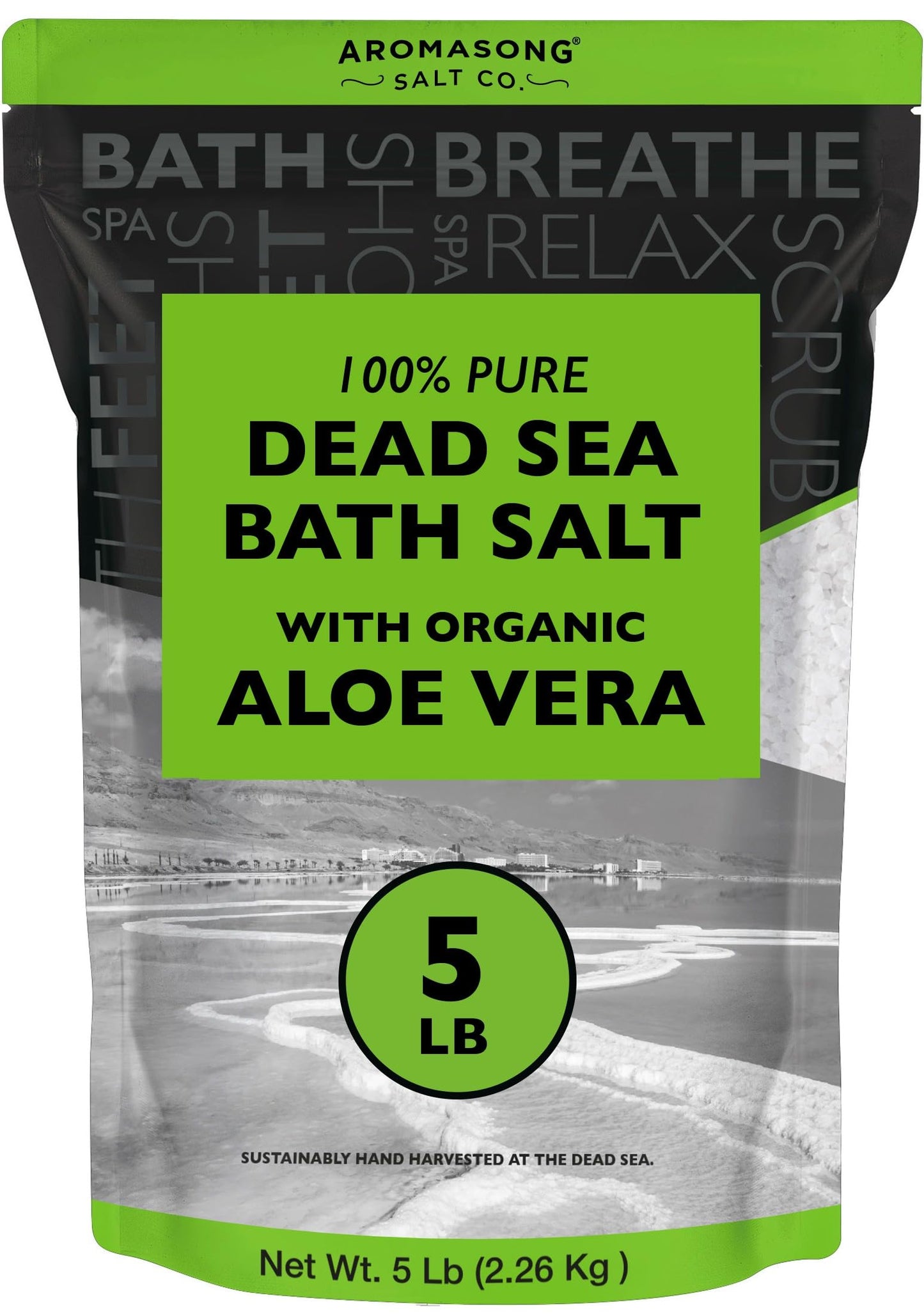 Aromasong Dead Sea Salt with Organic Aloe Vera, 5 Lbs Fine Grain Large Bulk resealable Pack, 100% Pure & Natural, Used for Body wash Scrub, Soak for Women & Men for Tired Muscles & Skin Issues.