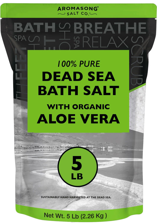 Aromasong Dead Sea Salt with Organic Aloe Vera, 5 Lbs Fine Grain Large Bulk resealable Pack, 100% Pure & Natural, Used for Body wash Scrub, Soak for Women & Men for Tired Muscles & Skin Issues.