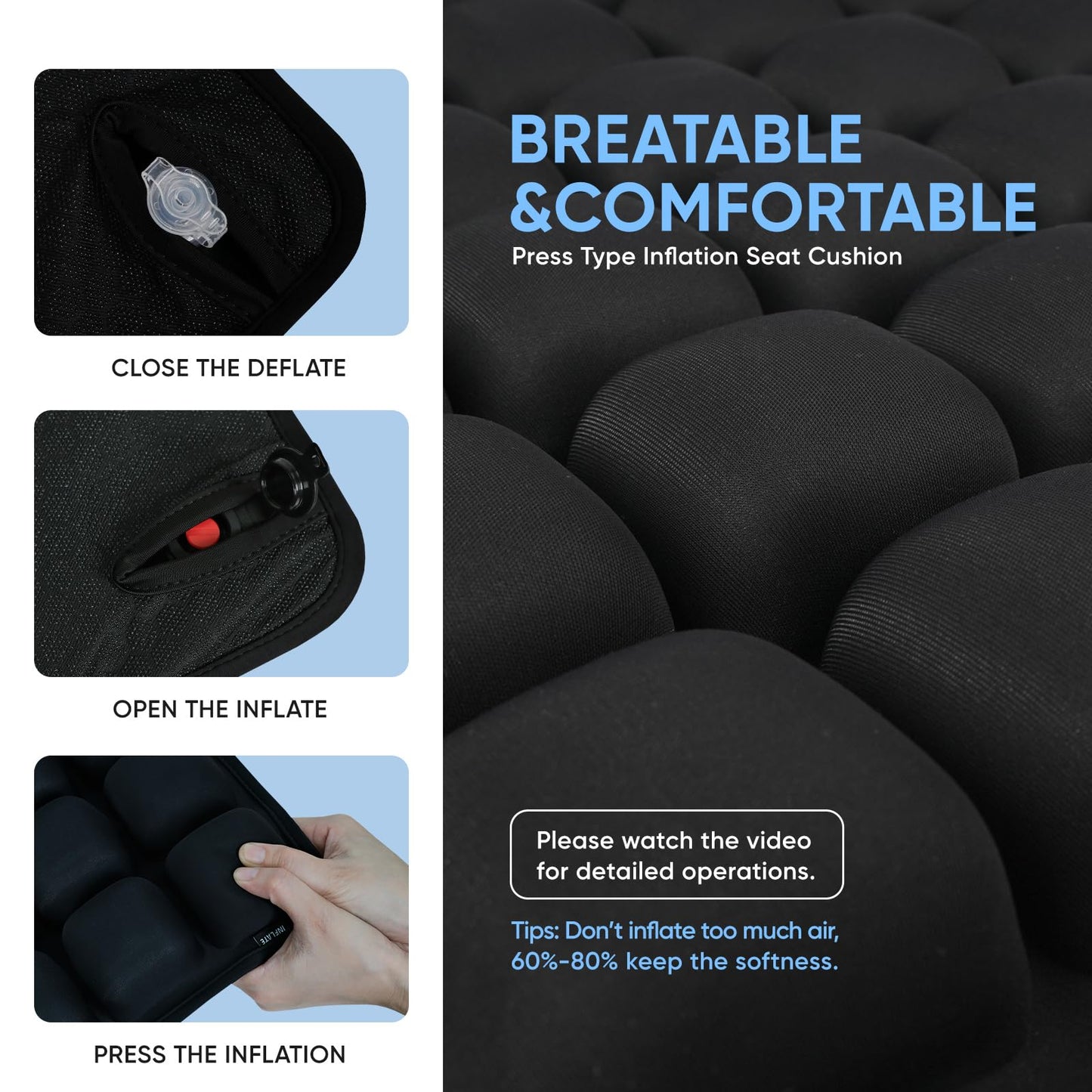 Hexara Ergonomic 3D Air Cushion for Long Sitting, Inflatable Airplane Seat Cushion for Long Flights, Travel Cushions for Office, Car, Wheelchair, Comfort for Coccyx, Low Back Pain Relief(Black)