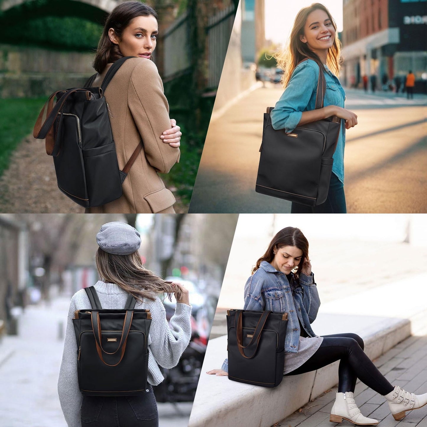 Convertible Laptop Backpack for Women Casual Daypack Notebook Tote Bag for Work College Travel Leisure (Black)