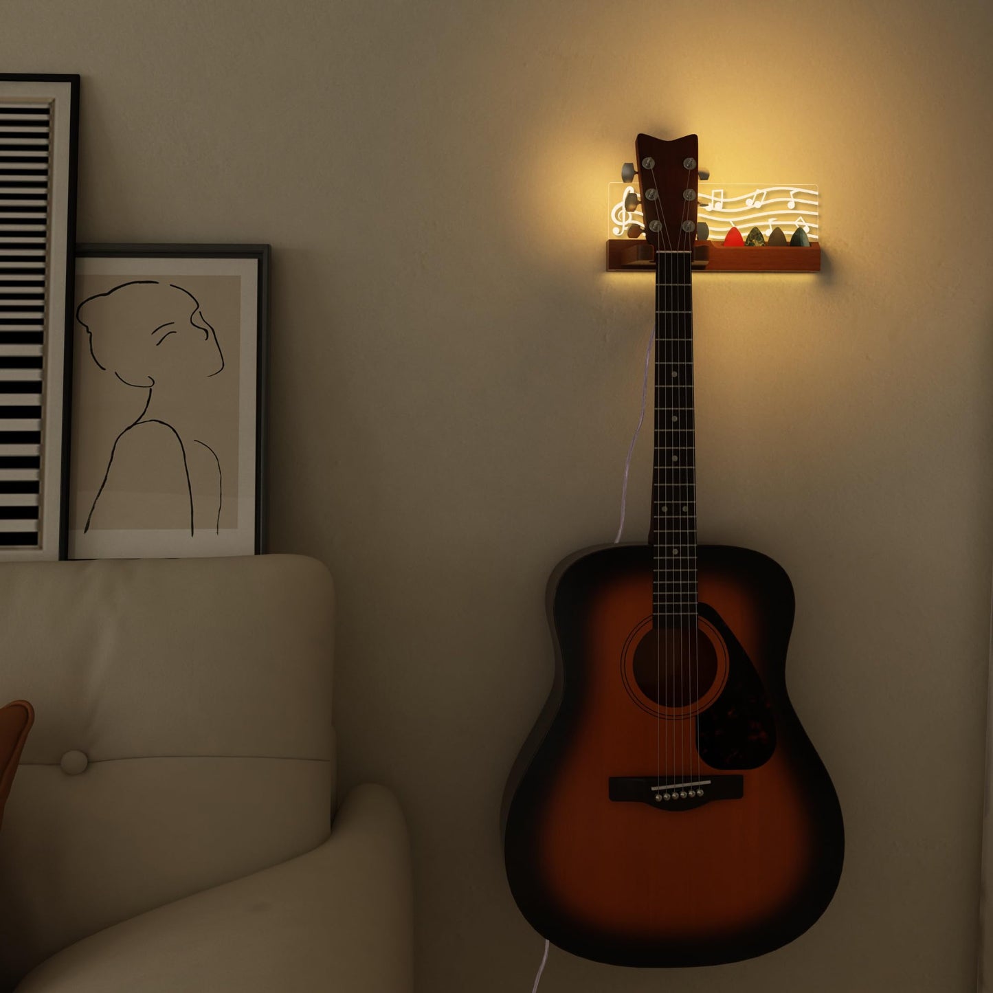 CoolGift Mart Light up Guitar Wall Mount, Musical Notes Design, Pick Holder with LED Illumination - USB Powered, Premium Wood and Acrylic, for Acoustic Electric Bass Ukulele Violin, Gift for Music Lovers Guitar Players