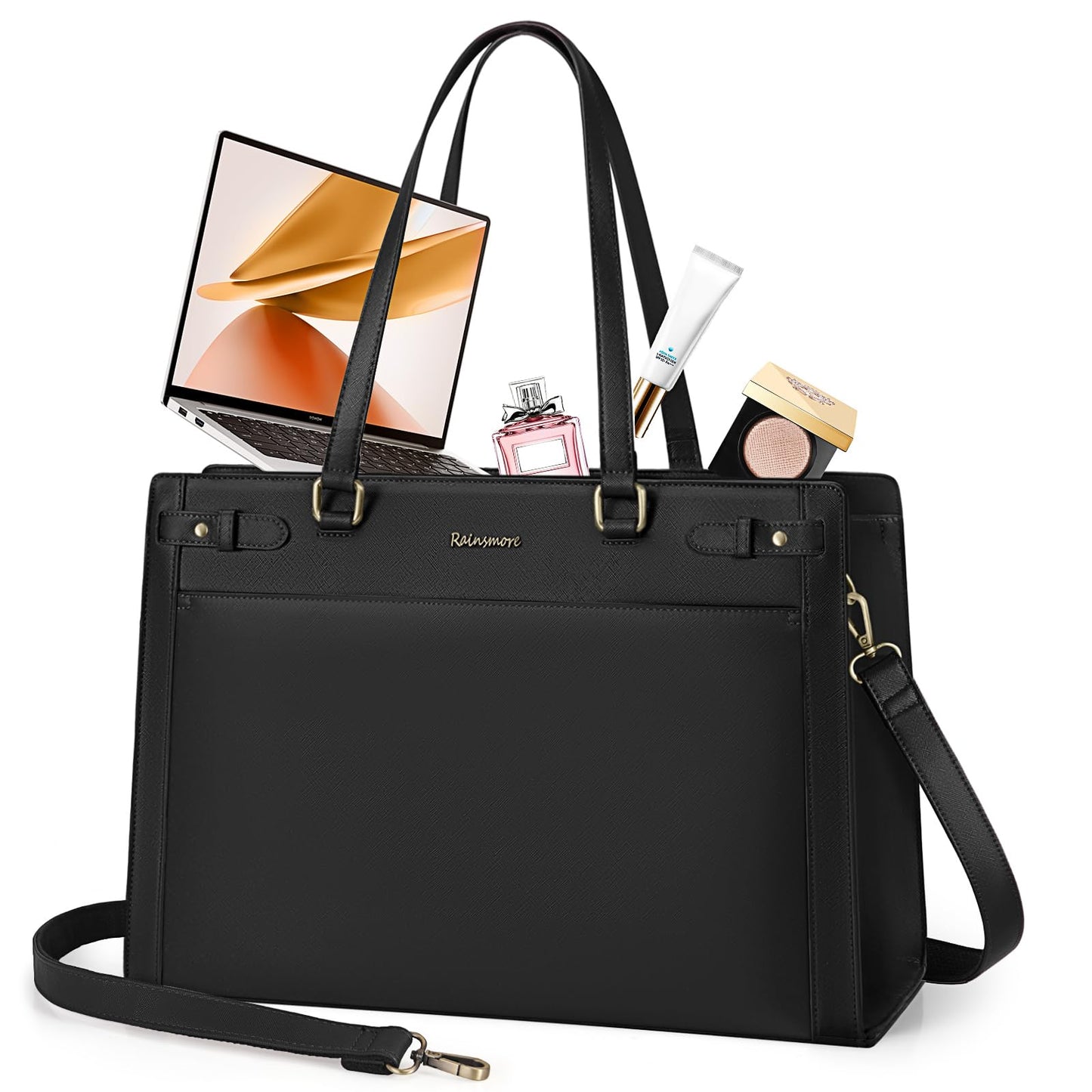 RAINSMORE Laptop Bags for Women 15.6 Inch PU Vegan Leather Work Tote Bag Waterproof Computer Bag Womens Briefcase Designer Satchel Bag for Office Teacher College Large Tote Purse Professional Black