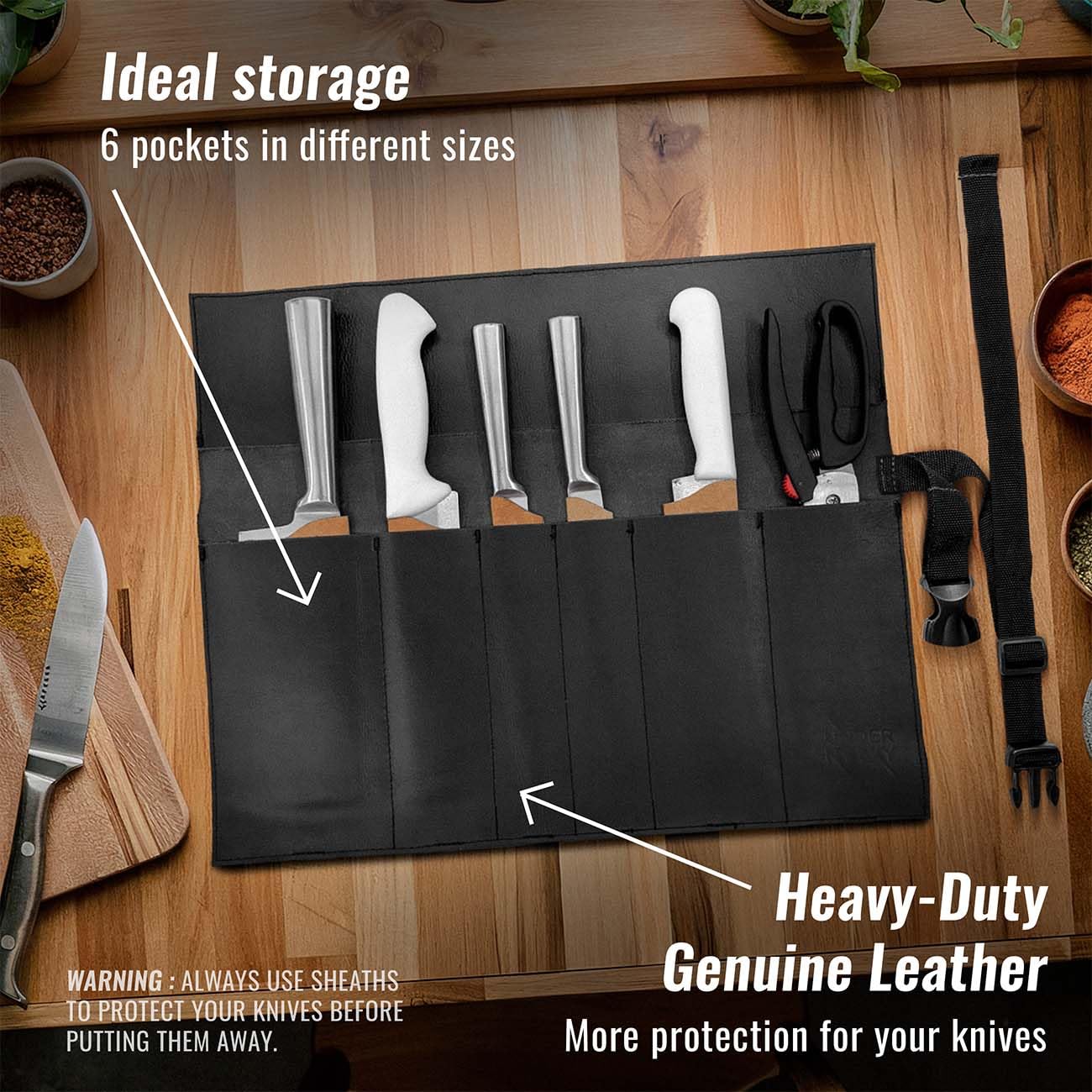 Under NY Sky Genuine Leather Knife Roll Case - 6 Slots - Real Leather Pouch - Portable Bag for Cooking Tools, Utensils, Cutlery Knives, Brushes - Chefs, Kitchen, Travel, Gift (Knife Roll Black)