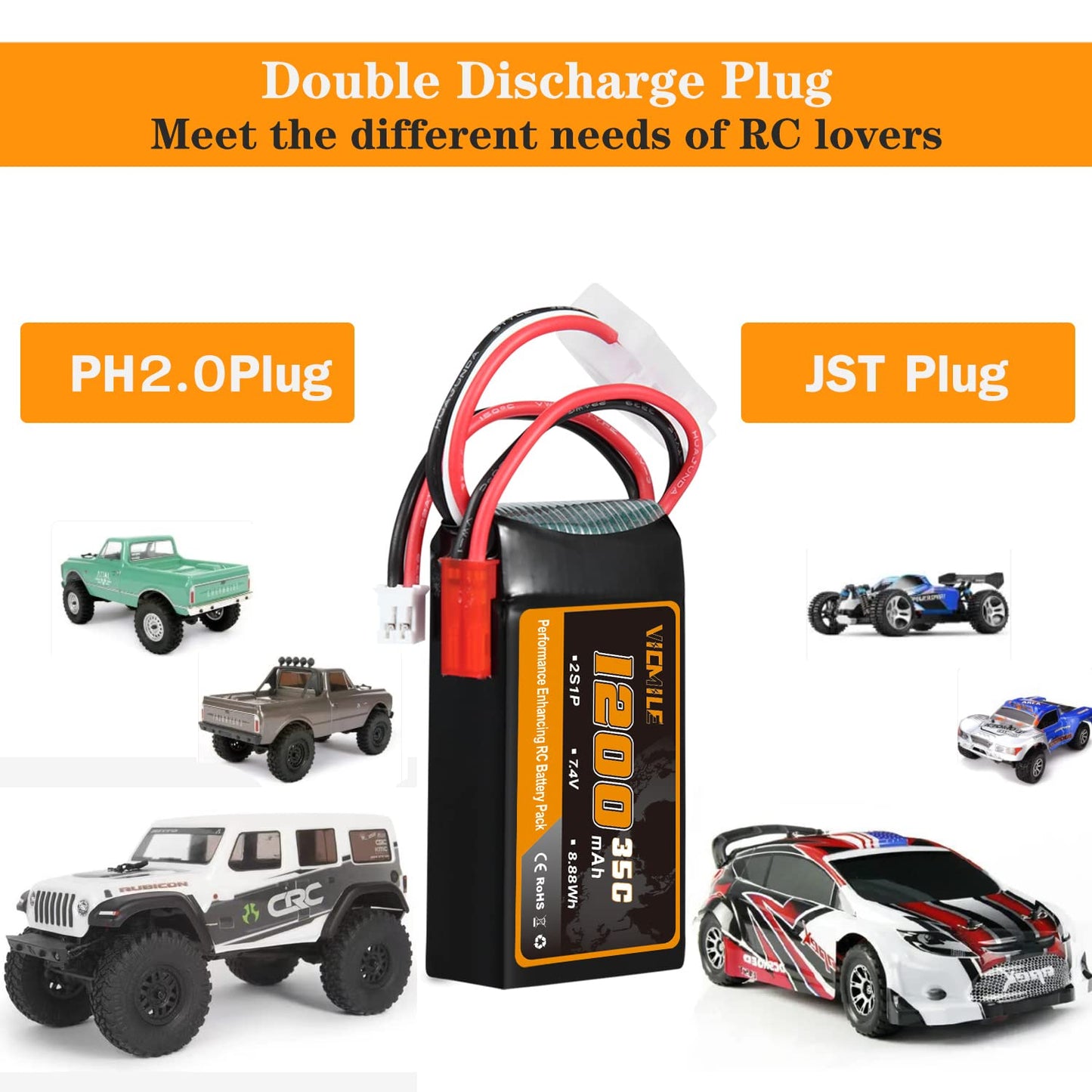 VICMILE 7.4V 1200mAh Lipo Battery 2S 35C SCX24 Lipo Batteries with PH2.0&JST Plug Rechargeable Lithium Battery with 2 in 1 USB Charger Fit for Most 1/10 1/16 1/18 1/24 RC Cars