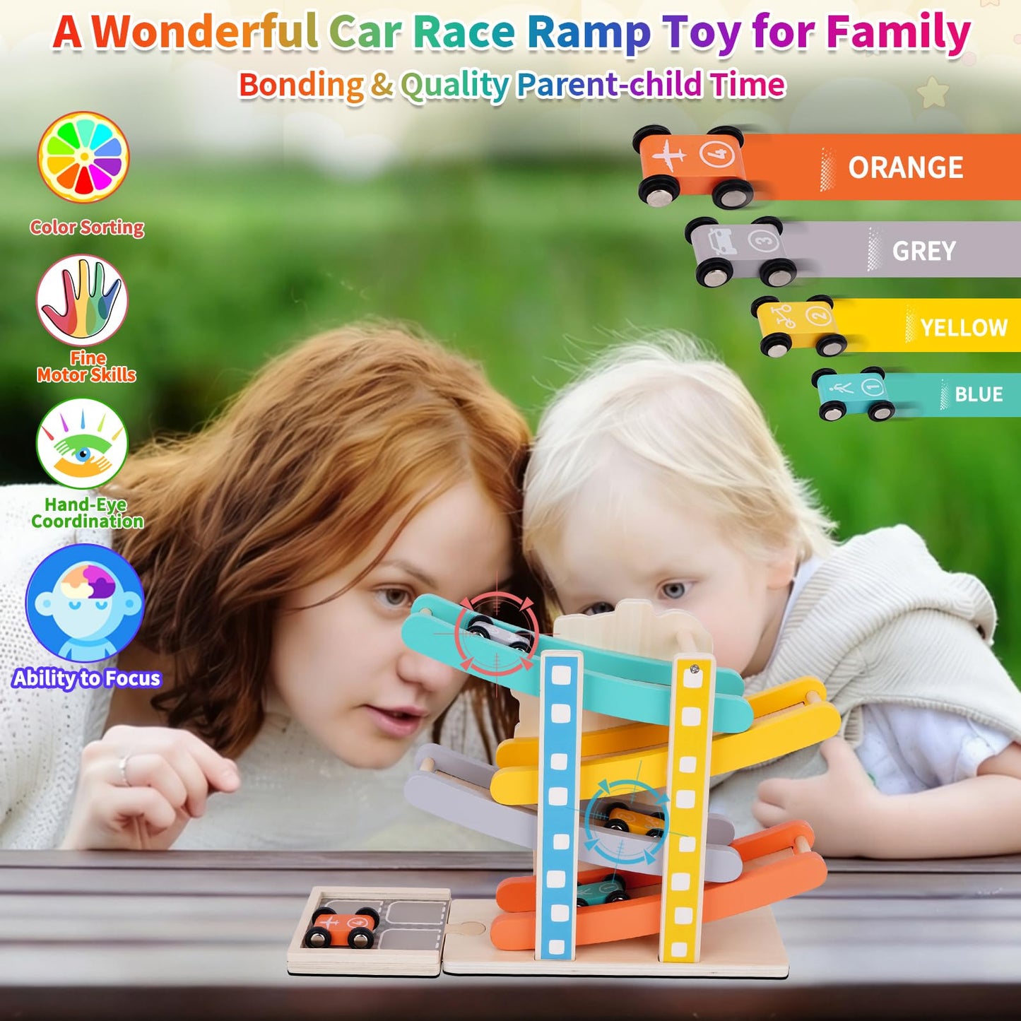 FCSONU Toddlers Montessori Toys for 1 2 Year Old Boys Girls, Wooden Car Ramps Race Track Set with 4 Mini Cars & 4 Car Tracks & Garage, Christmas & 1st Birthday Gifts for Boys Girls Baby Kids 1-3-2-4