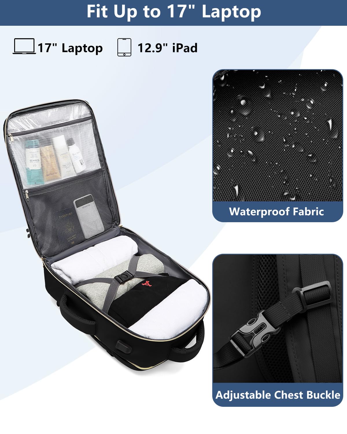 Carry on Women Travel Backpack: TSA Flight Approved Personal Item Backpacks Large 40L Waterproof Luggage Suitcase Backpack fit 17 Inch Laptop Weekender Overnight Traveling Bag with USB Charge