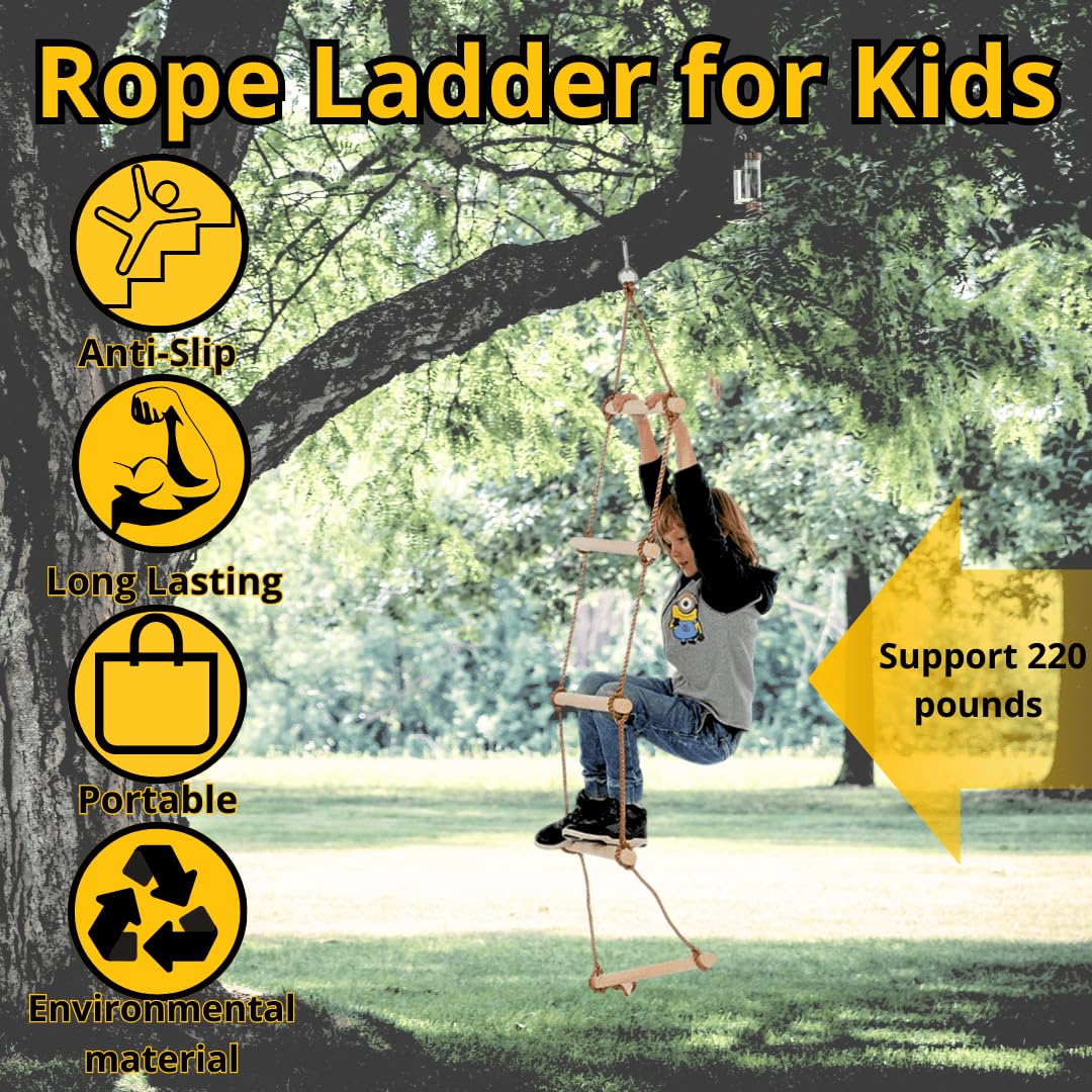 ISOP Swedish Wall Rope Ladder 6.5ft (2m) - Climbing Rope Ladder for Kids | Tree Ladders Play Equipment | Wooden Ladders with Spring Hooks | Playground Accessories | Kids Climbing Toys for Backyard