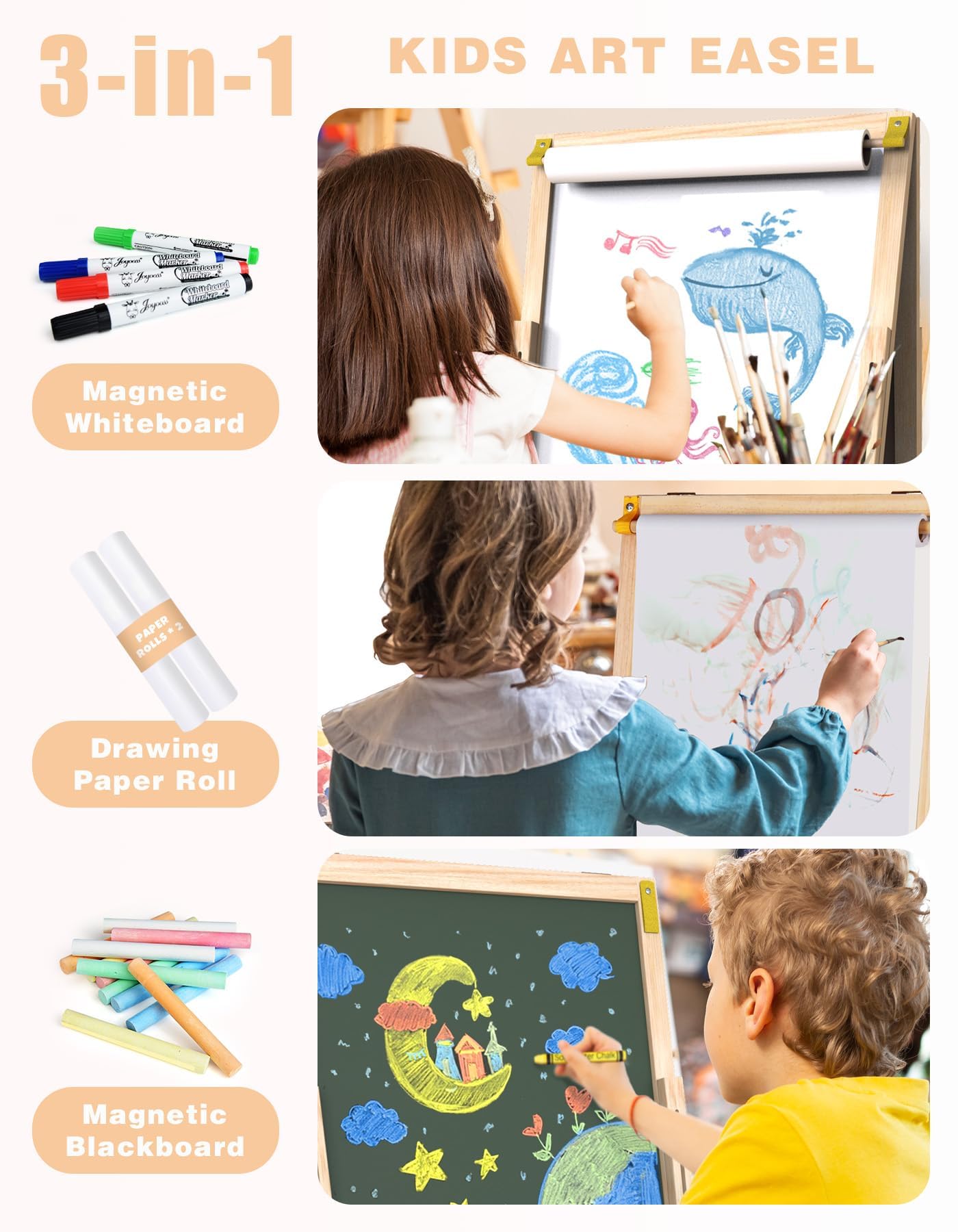Joyooss Art Easel for Kids Easel, Wooden Foldable Easel for Painting, Standing Whiteboard & Chalkboard Kids Art Easel, Toddler Easel Draw Toys with Paper Roll Magnetic Board for Boys Girls Ages 3 4 5 6 7 8 10