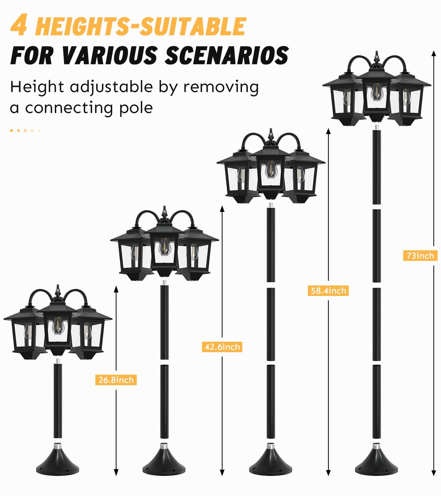 73" Aluminum Solar Lamp Post Light, 3-Head Solar Light Posts for Outside Waterproof, 90Lm Outdoor Lamps for Patio, Backyard, Front Porch Decor, Warm White, Replaceable Bulb