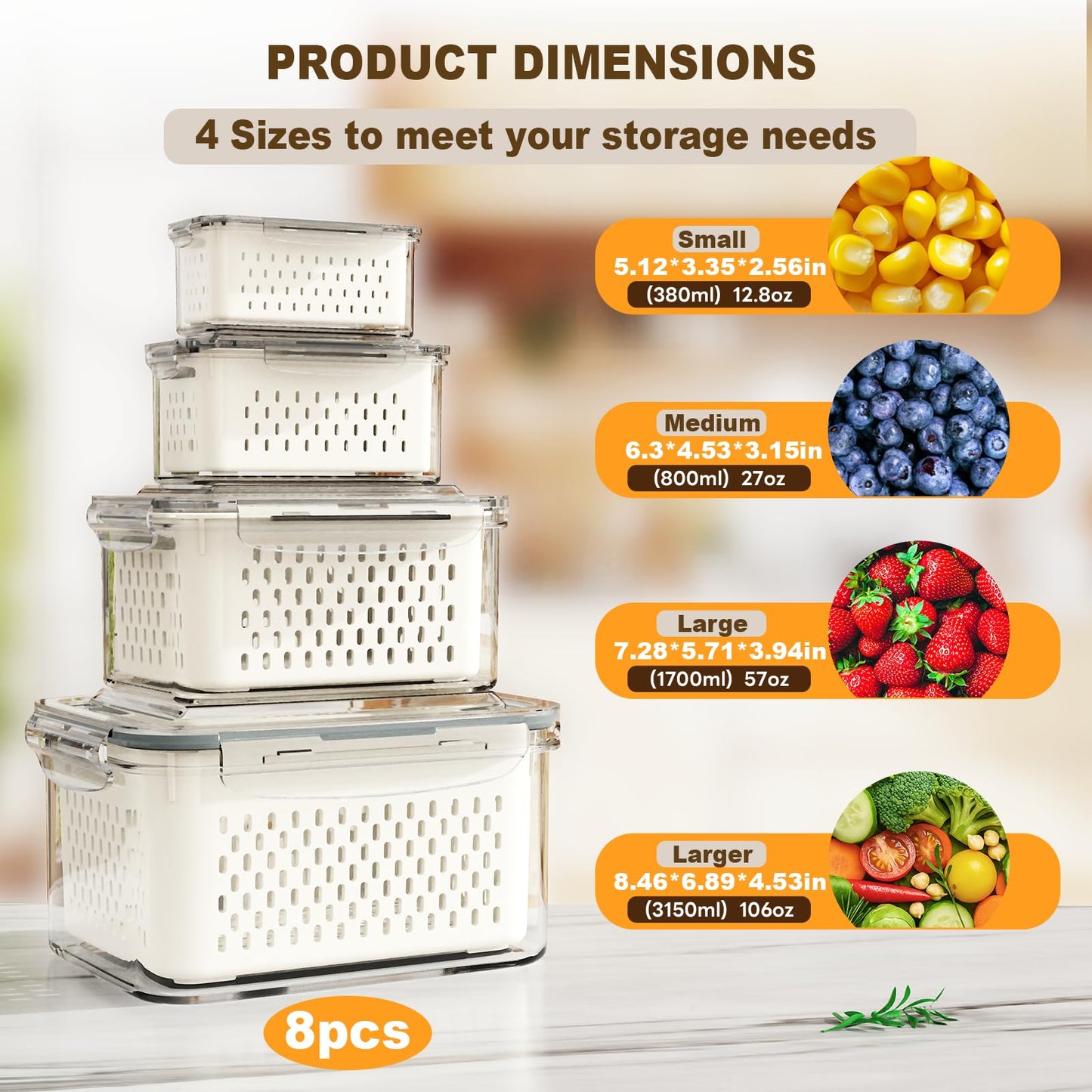 8 Pcs Fruit Storage Containers For Fridge with Removable Colander, Airtight Food Containers, Keep Fruits, Vegetables, Berries, and Meats Fresh Longer, Dishwasher and Microwave Safe (8 Pack)